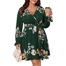SCOMCHIC Women's Plus Size Fall Wedding Guest Long Sleeve Wrap Mini Dress