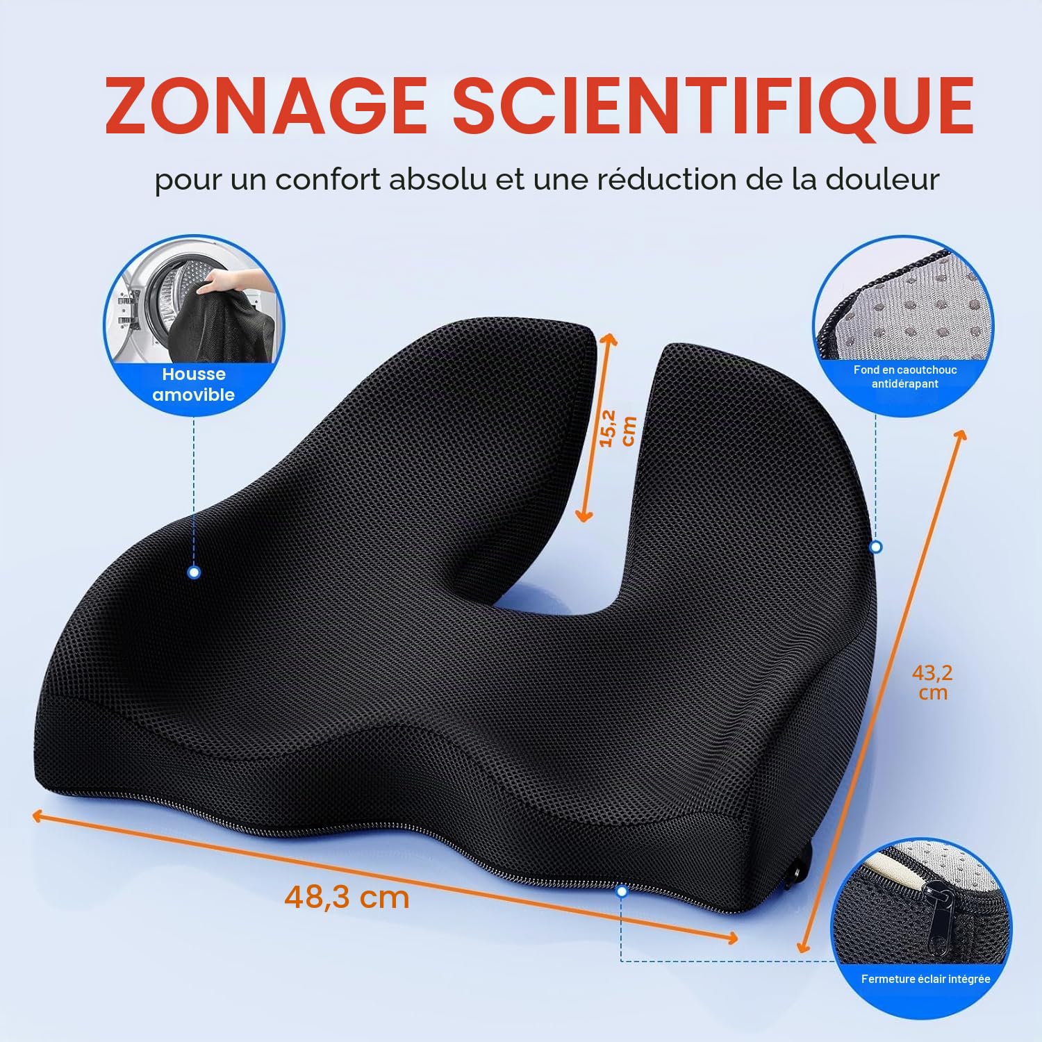 Benazcap Coussin de Siège,Coussin Coccyx Ergonomique pour Bureau et Voiture | Soulager La Douleur Sciatique,Coussin Chaise avec Housse Lavable,Coussin de Soutien Lombaire pour Assise Prolongée