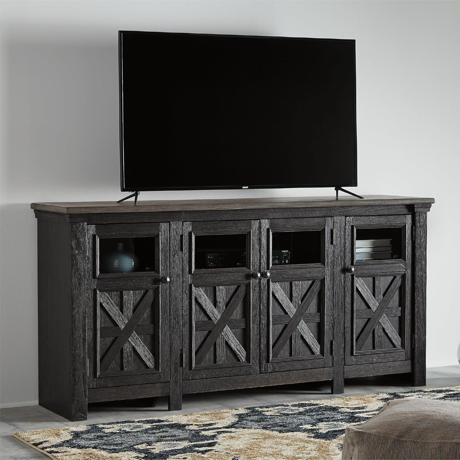 Signature Design by Ashley Tyler Creek Farmhouse TV Stand Fits TVs up to 72", 4 Glass Doors, 3 Adjustable Storage Shelves, Dark Gray