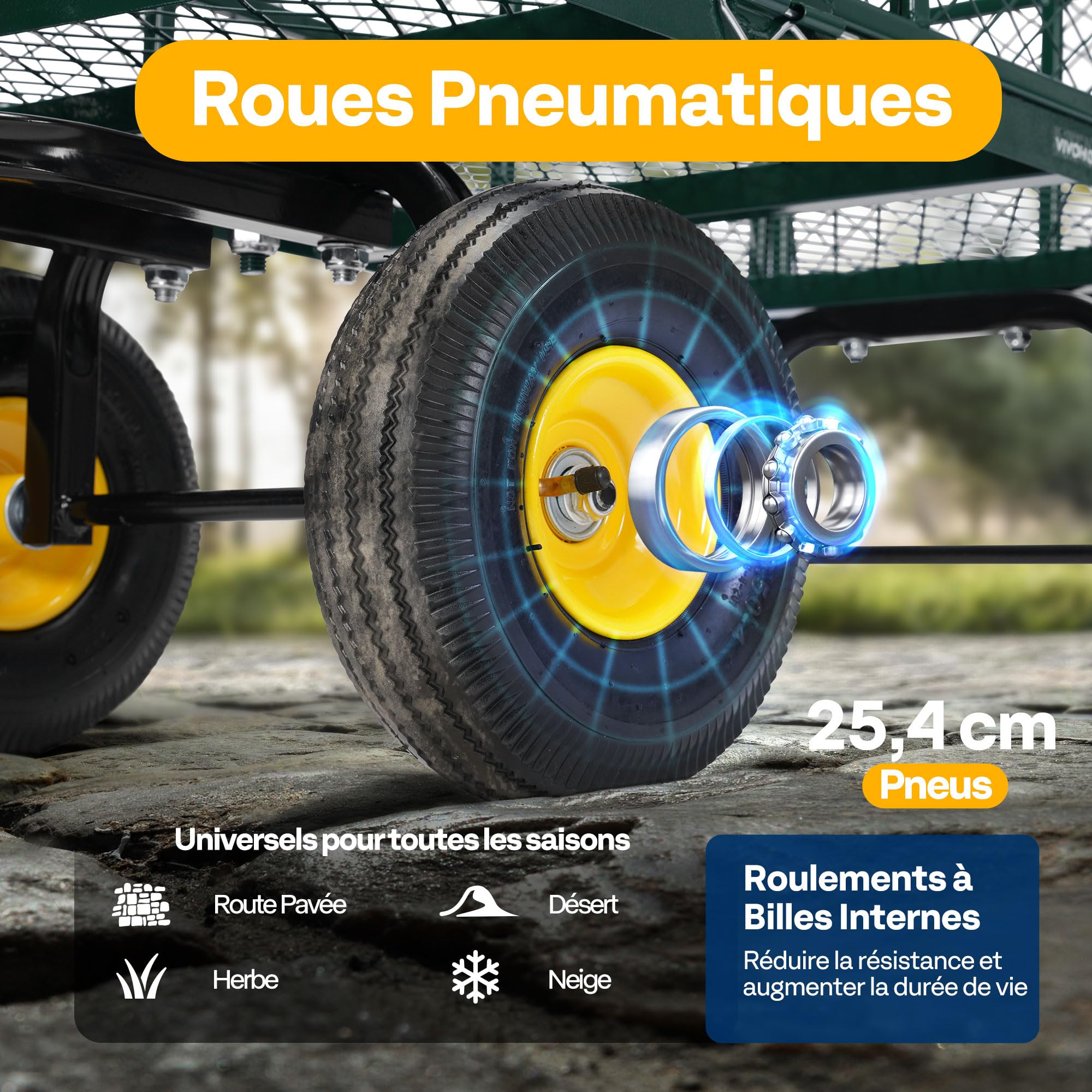 VIVOHOME Chariot de Jardin Capacité de Charge 410kg, Chariot de Transport Tout Terrain avec Pneus 25,4cm et Poignée Convertible, pour Jardinage ou comme Remorque Vert