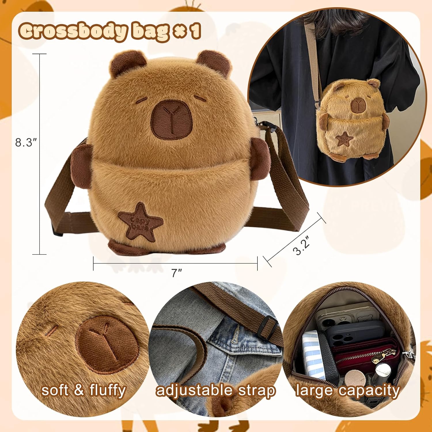 Capybara Gifts Box Capybara Plush for Girls Kids, Including Plush, Water Bottle, Eye Mask, Comb, Bracelet, Wallet, Headband for Back to School Birthday Party Favor