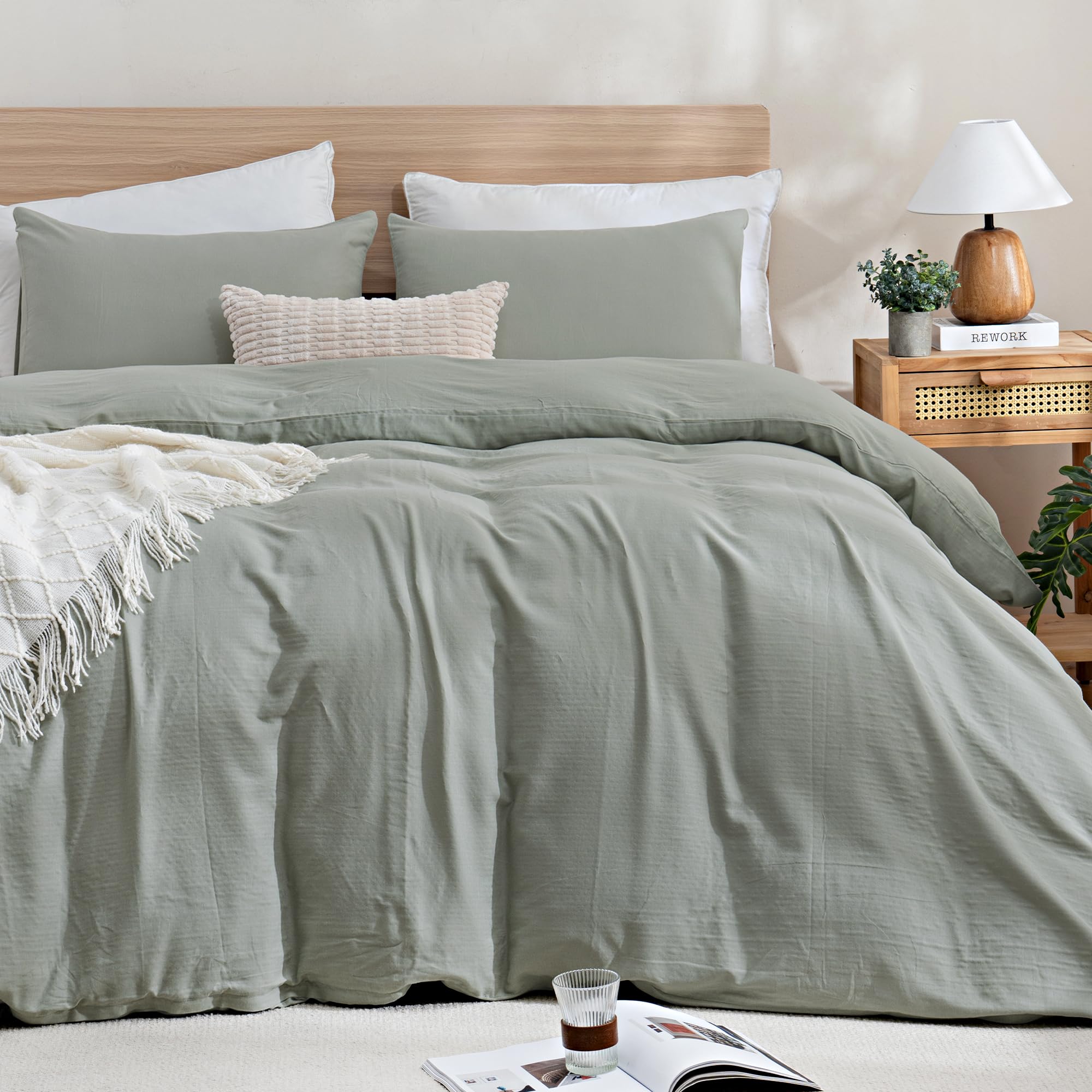 TOCOMOA 100% Muslin Cotton Duvet Cover Set, Sage Green, Queen
