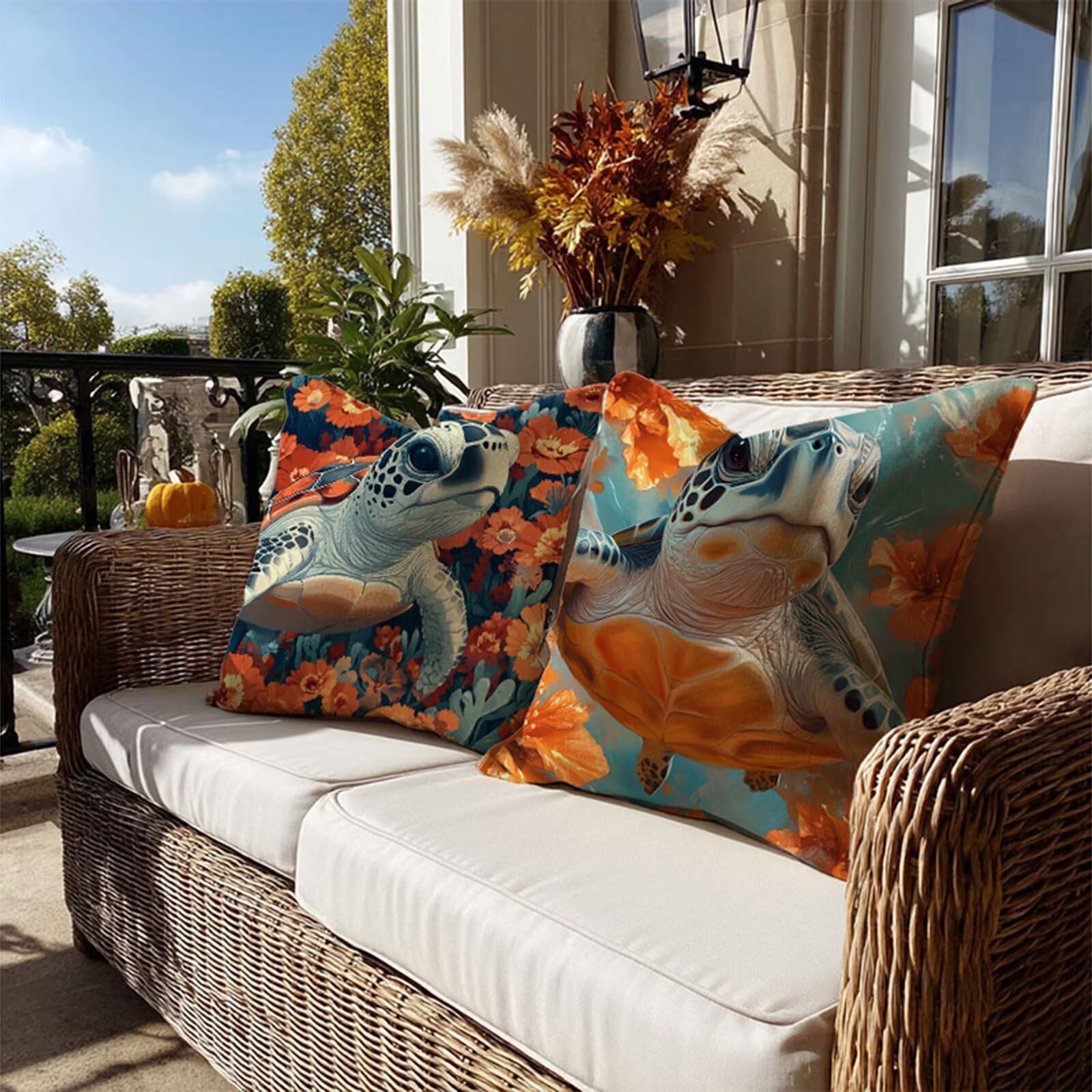 Outdoor Kissen Wasserfest Blume Kissenbezug 80x80 2er Set Quadrat Samt Outdoorkissen Schildkröte Sofakissen Outdoor Dekokissen mit Verstecktem Reißverschluss für Patio Garten Bank Balkon Dekor JX-571
