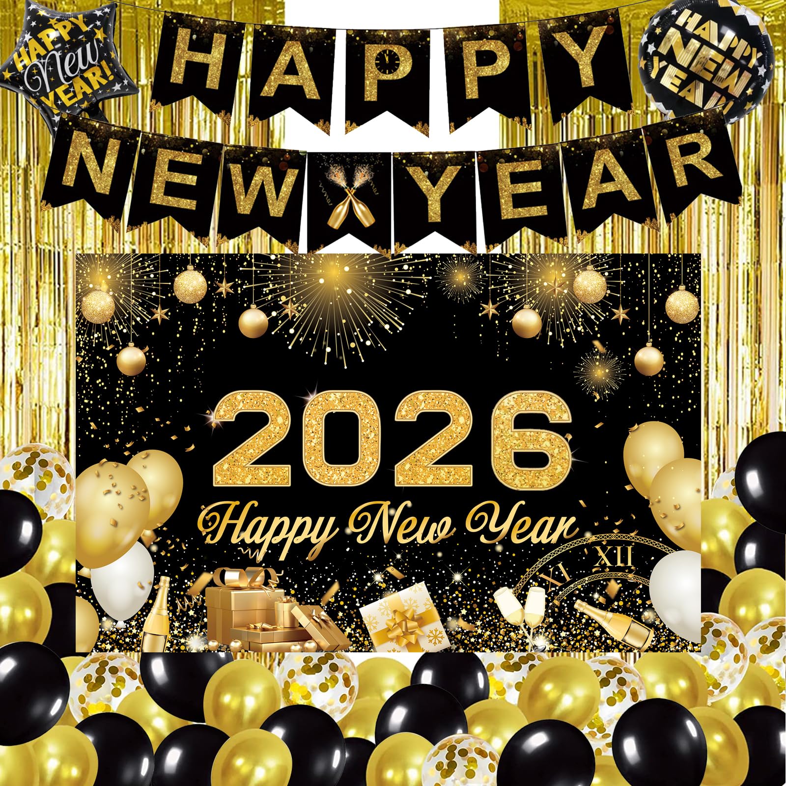 Happy New Year Decorations 2026 New Years Eve Party Include Backdrop, Banner, Balloons, Curtains, for New Year Eve Party Supplies