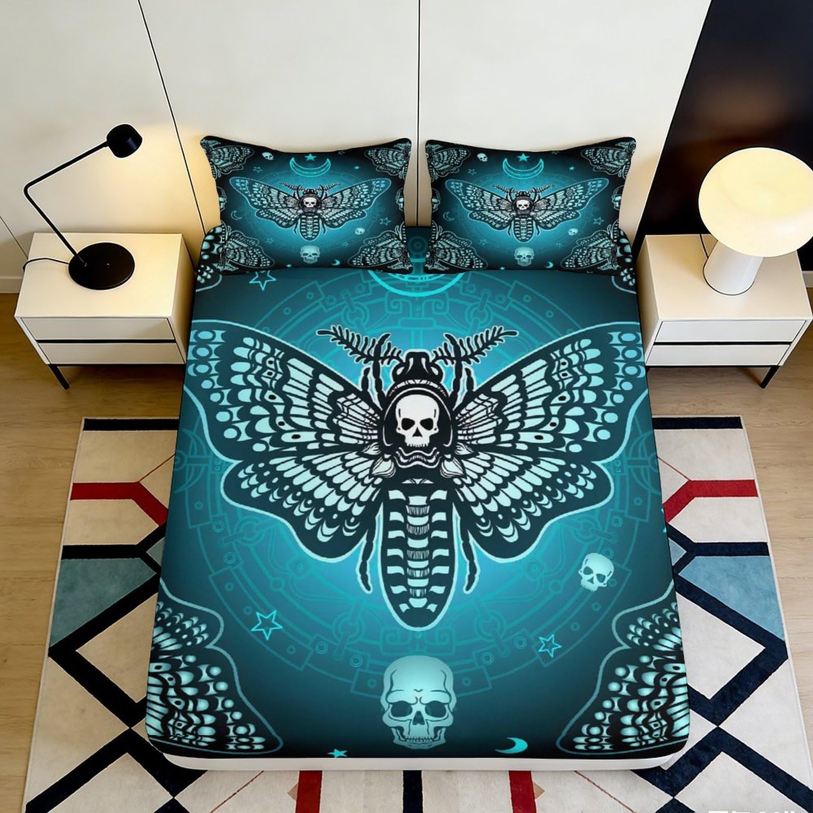 3D Printed Gothic Skull Moth Fitted Sheet Microfiber Anti-Slip Bed Cover for Bedroom Dorm Mattress Protection Decor 180x200x25cm