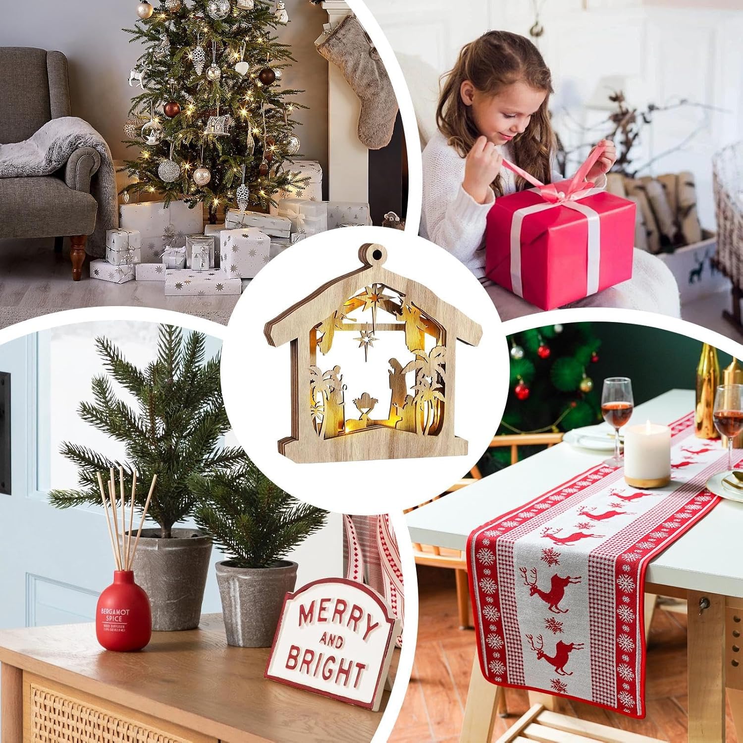 Christmas Nativity Scene Set,Wood Holy Family Table Centerpieces - Indoor Nativity Scene with LED Lights,for Fireplace Bedroom Office Desk Table Shelf Farmhouse Holiday