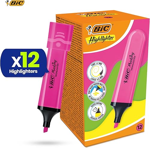 Miniatura 2 de BIC - Paquete de 12 rotuladores de plástico con tinta neón rosa fluorescente para notas suaves y precisos, ideal para la escuela y la oficina