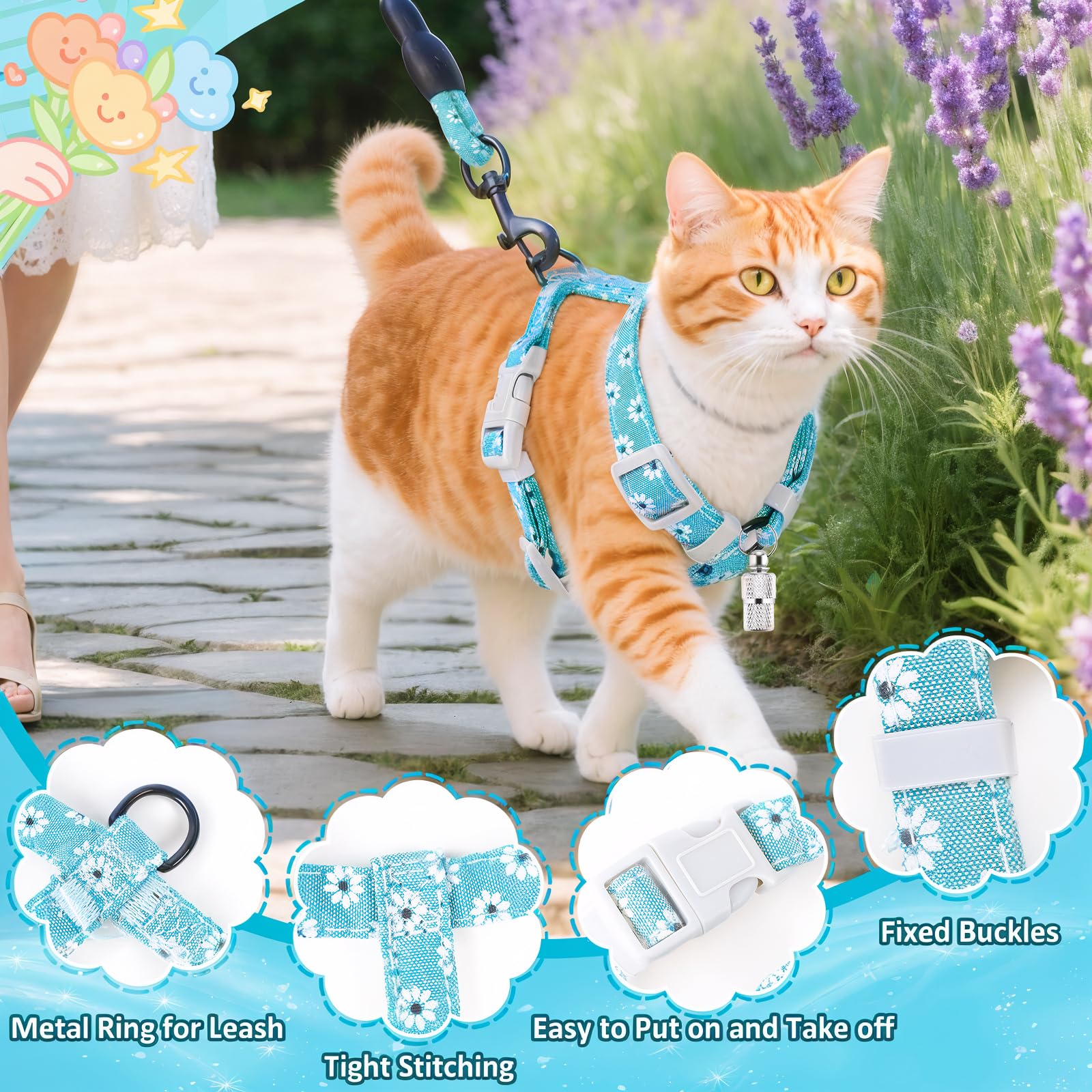 Cat Harness and Leash Set, Lovely Floral Kitten Harnesses with Pet Anti-Lost Pendant, Adjustable Escape Proof Cat Harness, Use Easy Walking Travel Kitten Carrier Cats - Image 4