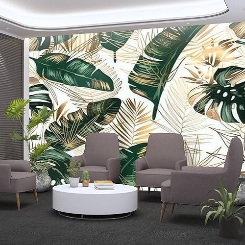 Miniatura 2 de Hojas tropicales doradas y verdes sobre un fondo blanco Papel pintado de PVC sin costuras Papel de contacto autoadhesivo extraíble Papel de contacto