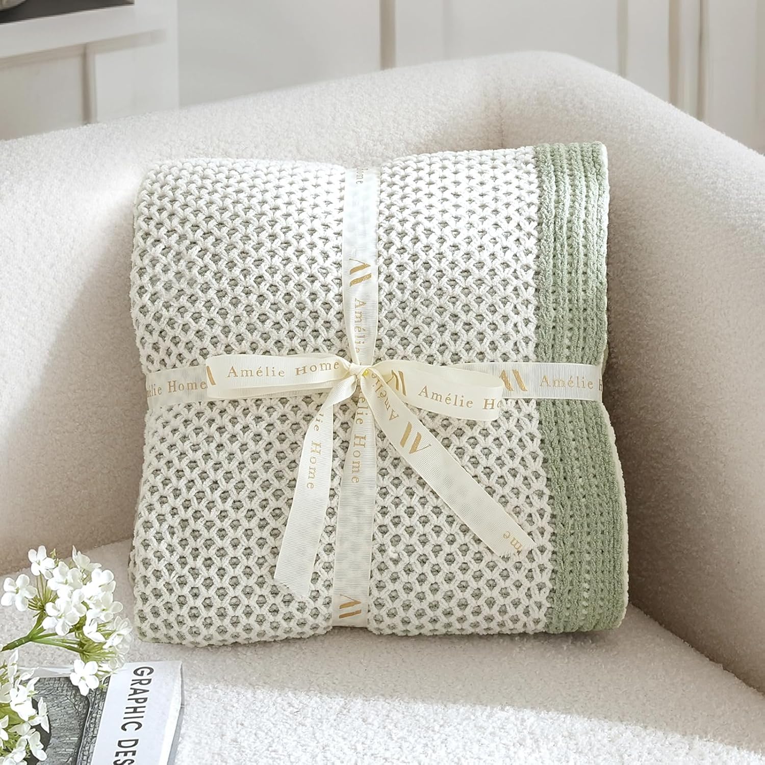 Amélie Home Honeycomb Knit Throw Blanket for Couch, Dual-Sided Soft Chenille Decorative Blankets for Sofa & Chair, 50"x60", Sage Green & White - Image 8