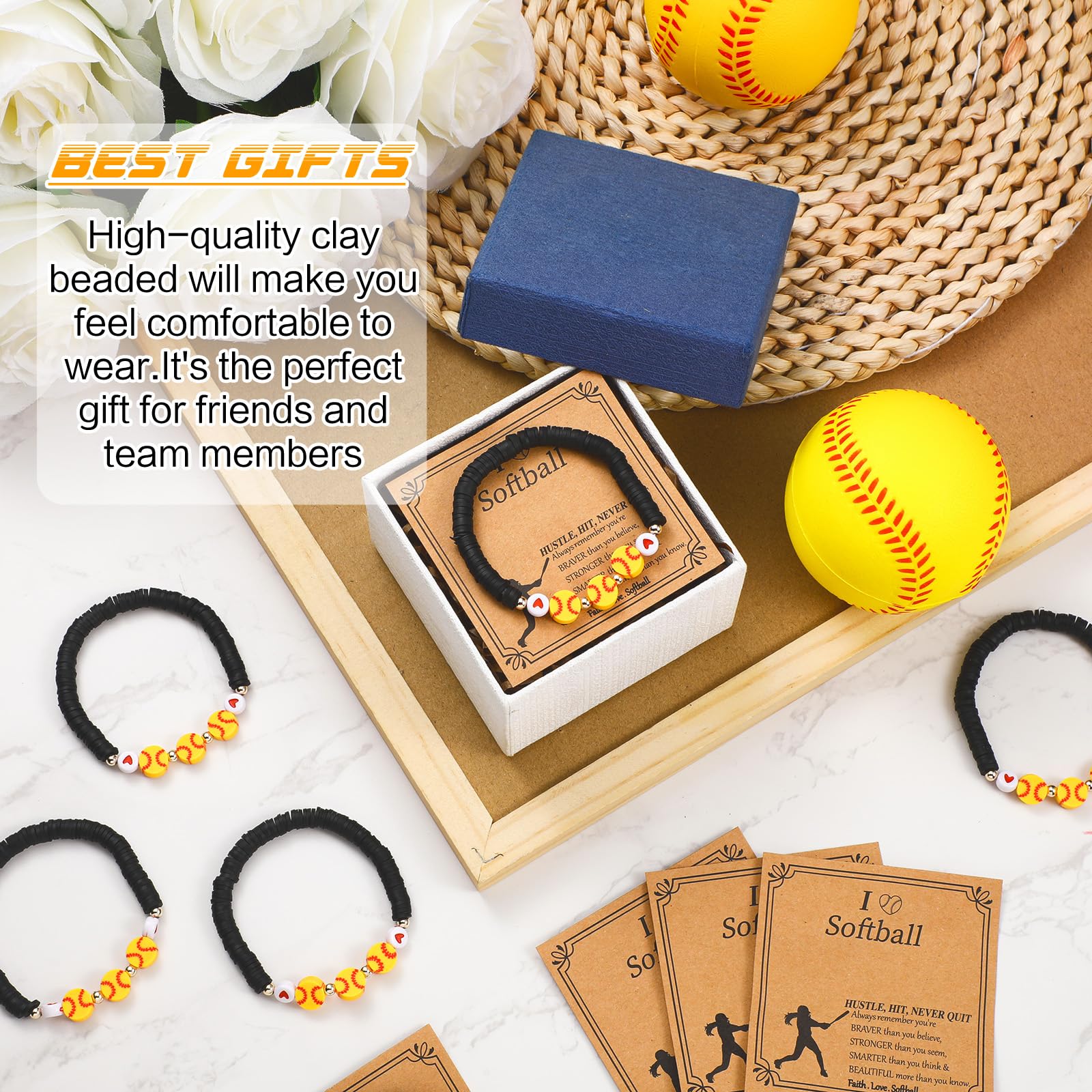 Ecation 20 Set Softball Bracelets Team Gift Bulk Softball Senior Night Adjustable Bead Ball Charm Bracelet with Inspirational Card for Sport Team Sport Lovers Player Gifts Birthday Party