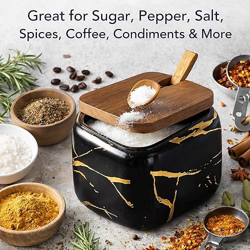 Miniatura 7 de 2 juegos de tarros de cerámica de mármol para condimentos, azucarero de cerámica con tapas, bandeja y cucharas (negro)