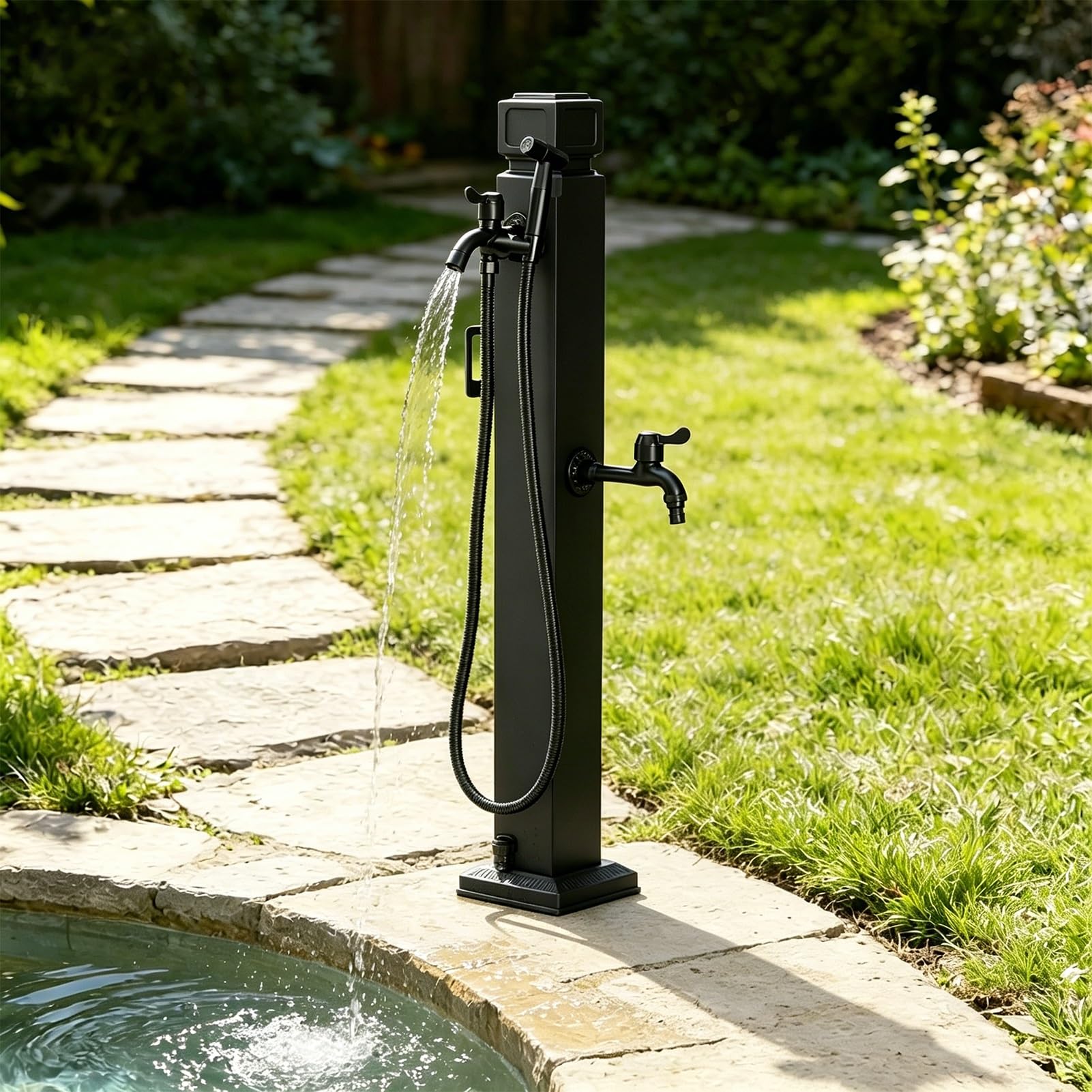 Freestanding Outdoor Faucet Column 304 Stainless Steel Garden Water Tap with Handheld Sprayer, Weatherproof Yard Hydrant for Pool & Courtyard(E,Height: 60cm/23.6in)