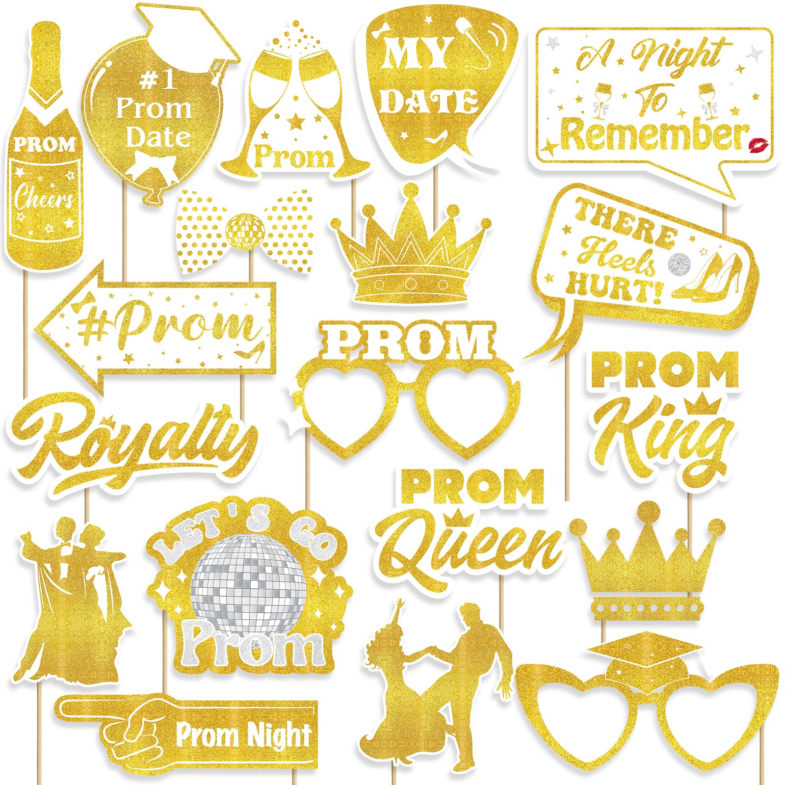 SKJIAYEE 19 Pcs Prom Photo Booth Props Kit, White Gold Selfie Photo Props for Graduation Party Dance Decorations, Photography Accessories, Prom