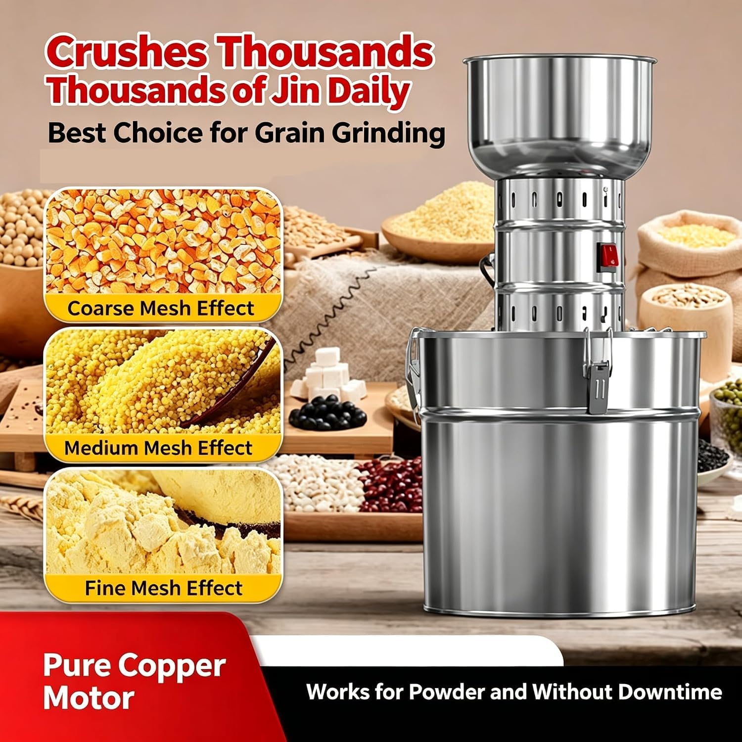 Macinino per Cereali Secchi da 30/40 Litri, 1200/1500/1800 W, Macina Cereali, Finezza Regolabile, Ampia Apertura di Alimentazione, con Setaccio E Lama, per Cereali, Frutta 30L 1200W