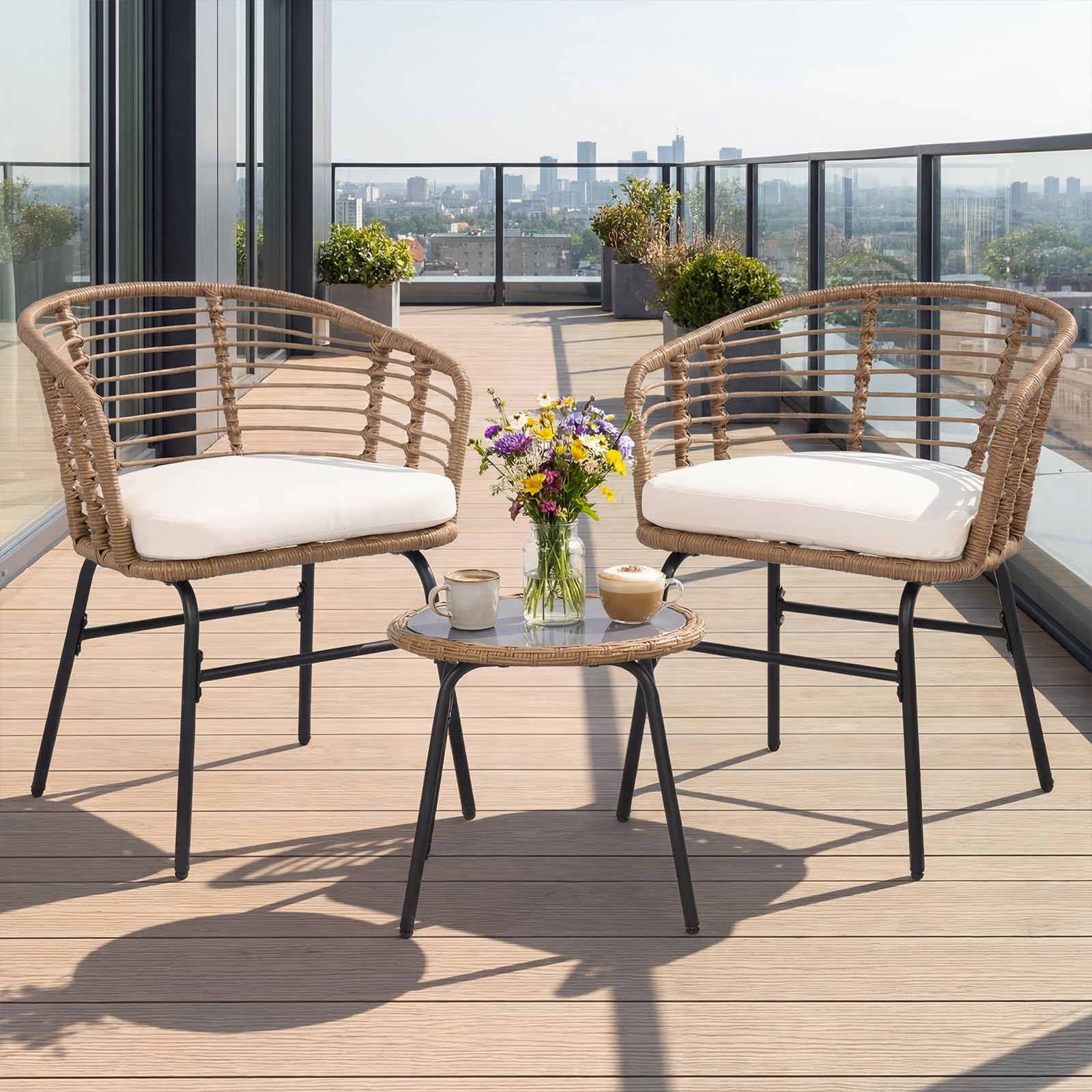 COSTWAY Conjunto Jardín Exterior, Conjunto de Mesa y Sillas Exterior de Ratán PE con Cojines Suaves, Estructura de Metal y Tablero de Vidrio Templado, Muebles de Jardín para Patio, Terraza