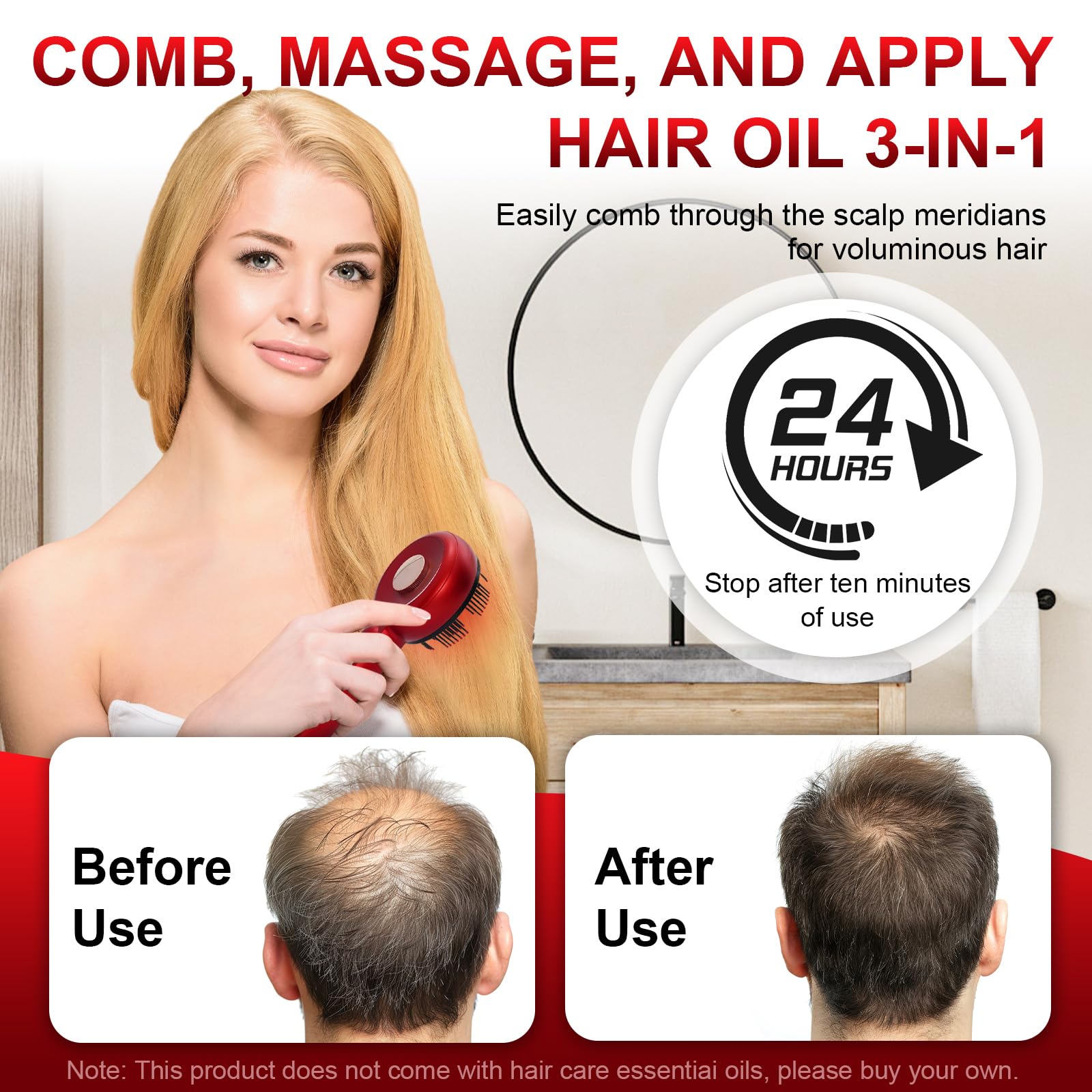Cepillo de masaje de cuero cabelludo 3 en 1, peine de masaje de cuero cabelludo, aplicador eléctrico de aceite para el crecimiento del cabello, spa con 3 modos de masaje, terapia de luz roja de 660 nm