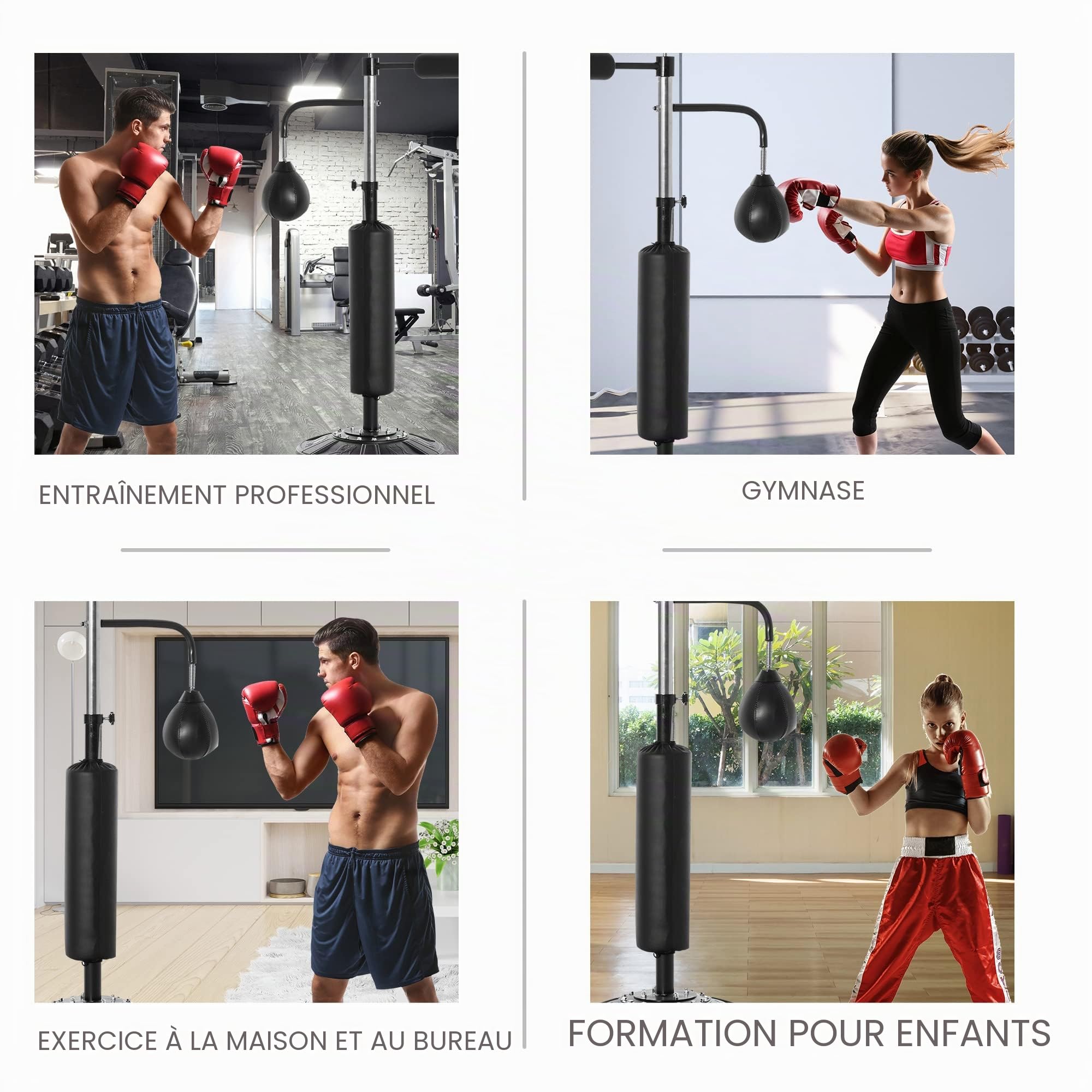 HOMCOM Sac de Frappe sur Pied 4 en 1, Punching Ball Autonome 2 balles de Vitesse Barre rotative 360° Hauteur réglable 160-230 cm, Sac de Boxe pour Adultes