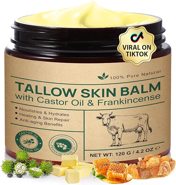 Beef Tallow for Skin & Face Cream with Castor Oil and Frankincense,120g,Organic Natural 100% Grass Fed,Whipped Beef Tallow Balm Deeply Moisturizing for Face & Body Care,4.2 oz