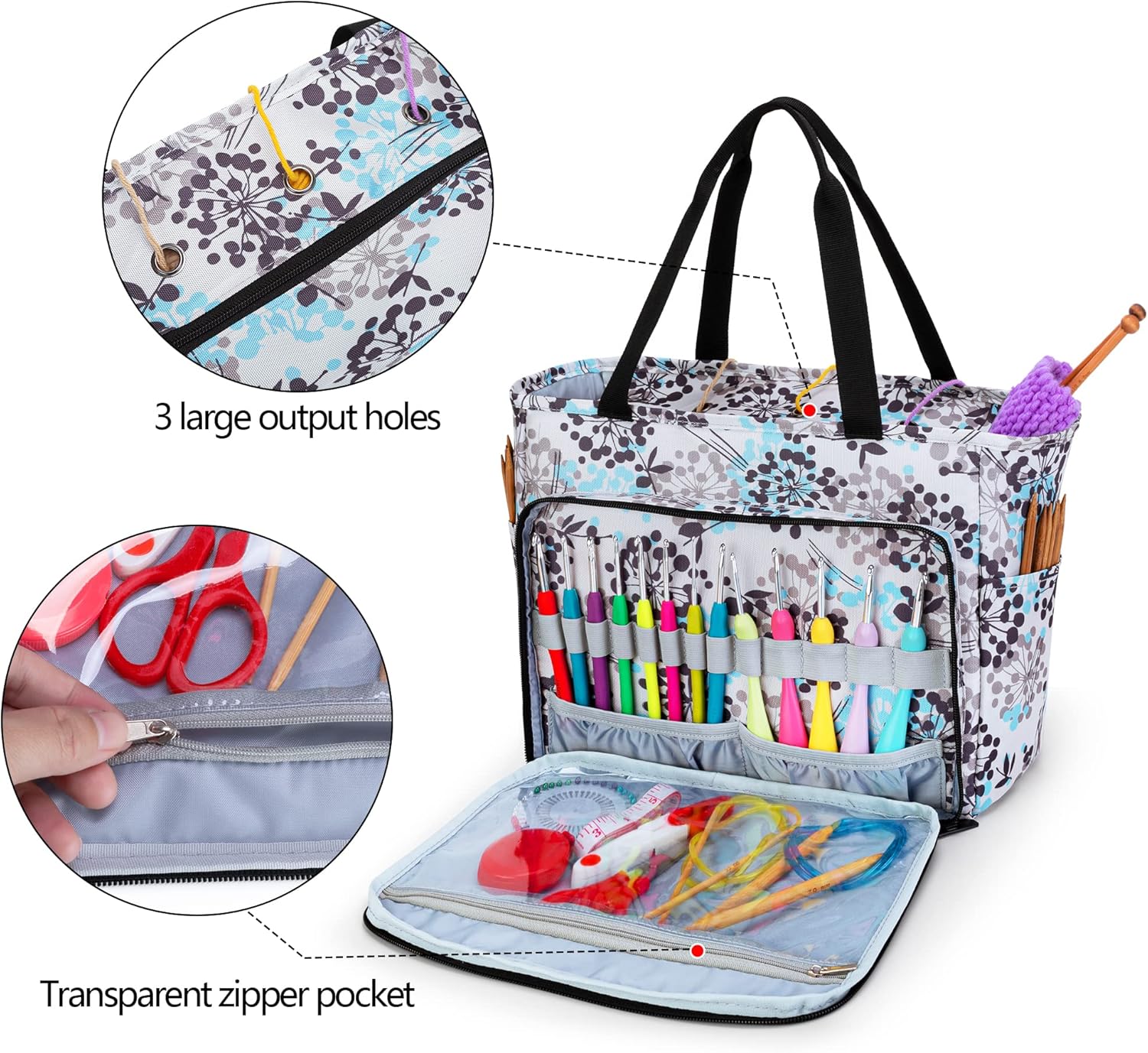 CURMIO Knitting Tote Bag, Yarn Storage Bag with Pockets for Crochet Hooks, Knitting Needles, Knitting Project and Accessories, Dandelion (Bag Only, Patented Design)