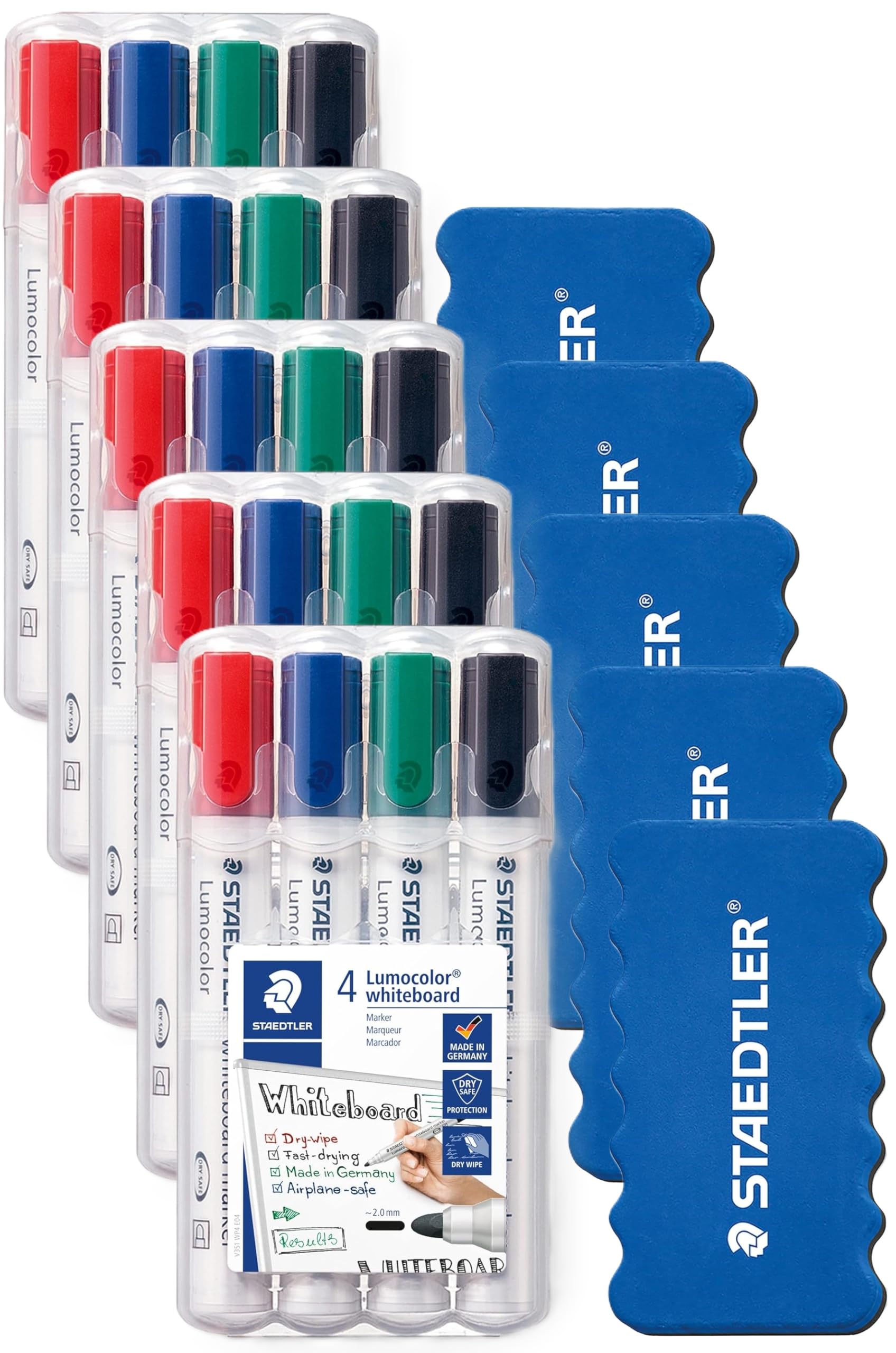 STAEDTLER Whiteboard Marker Lumocolor, ca. 2 mm Linienbreite, trocken und rückstandsfrei abwischbar von Whiteboards, hohe Qualität, Set mit 4 Markern inklusive Schwamm, 351 WP4P1X (5 Stück)