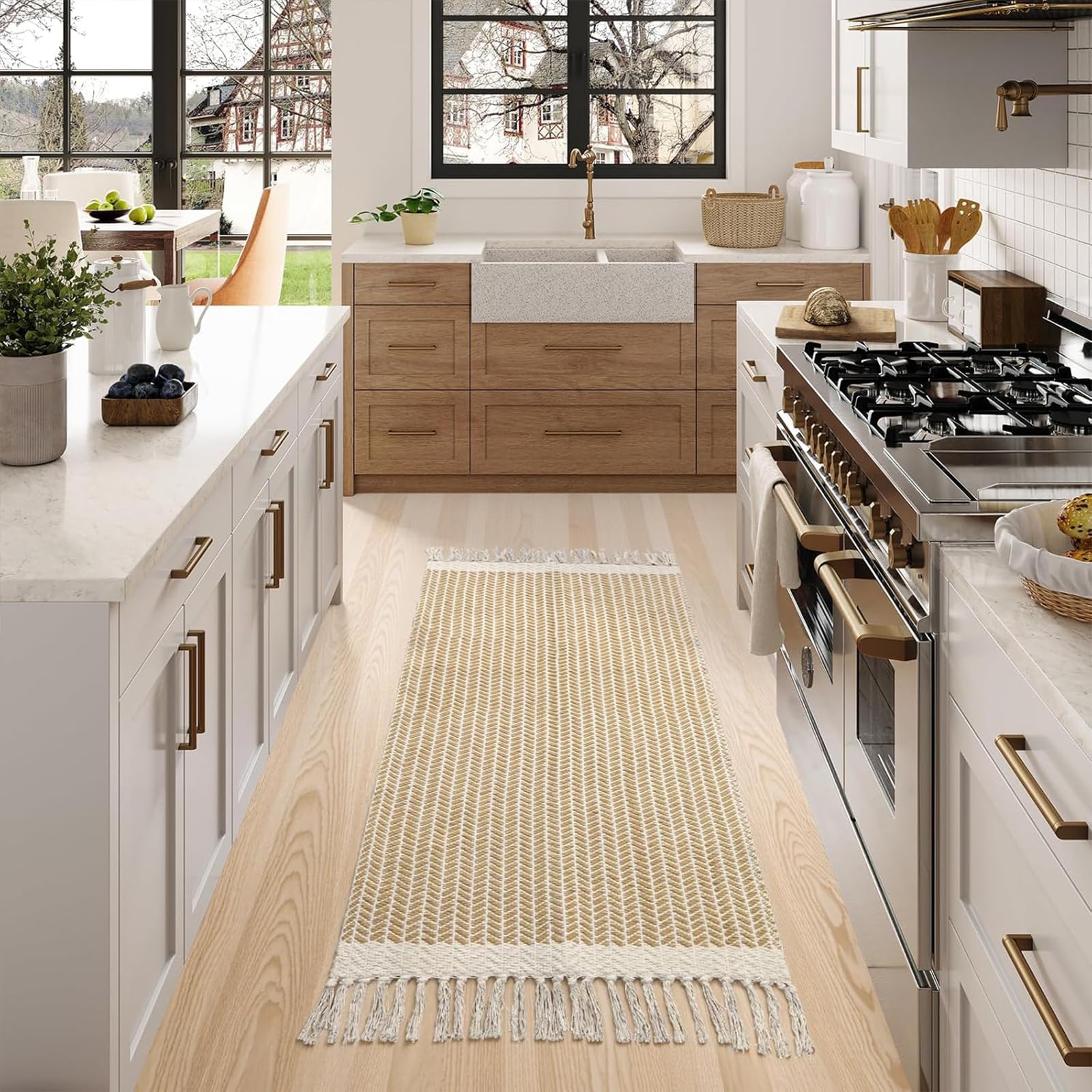 The Seeker Boho Hallway Runner, 60×130 cm Washable Tan Runner Rug for Kitchen, Woven Cotton Low Pile Farmhouse Carpet Runner with Tassels for Hall, Front Door, Bedroom, Bathroom or Living Room