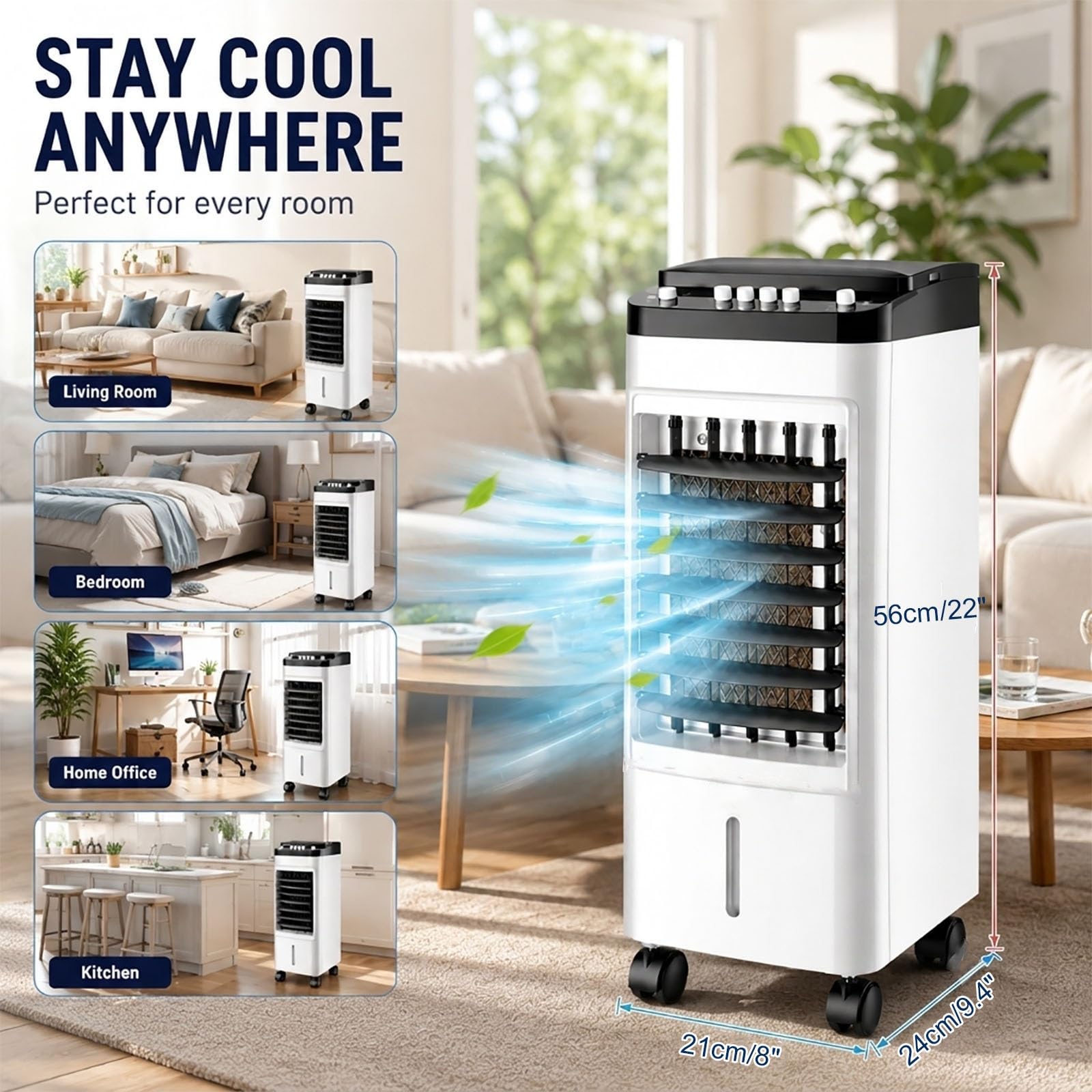 Rinfrescatore d'Aria Evaporativo 3-in-1 per Casa, Umidificatore e Ventilatore Portatile 4 Ghiaccioli, 3 Velocità, Oscillazione 120°, Ultra Silenzioso per Camera da Letto, Soggiorno, Ufficio