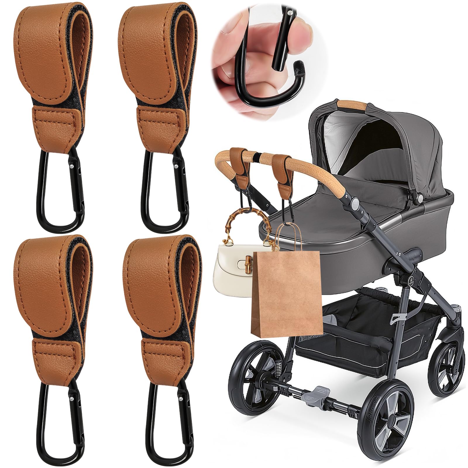4 Pcs Leather Buggy Clips,Pram Hook Clip,Pram Rocker Clip for Bags Buggy Bike Rocker Clip,Universal Pram Accessories for Pushchair,Shopping Bag,Backpack(Brown)
