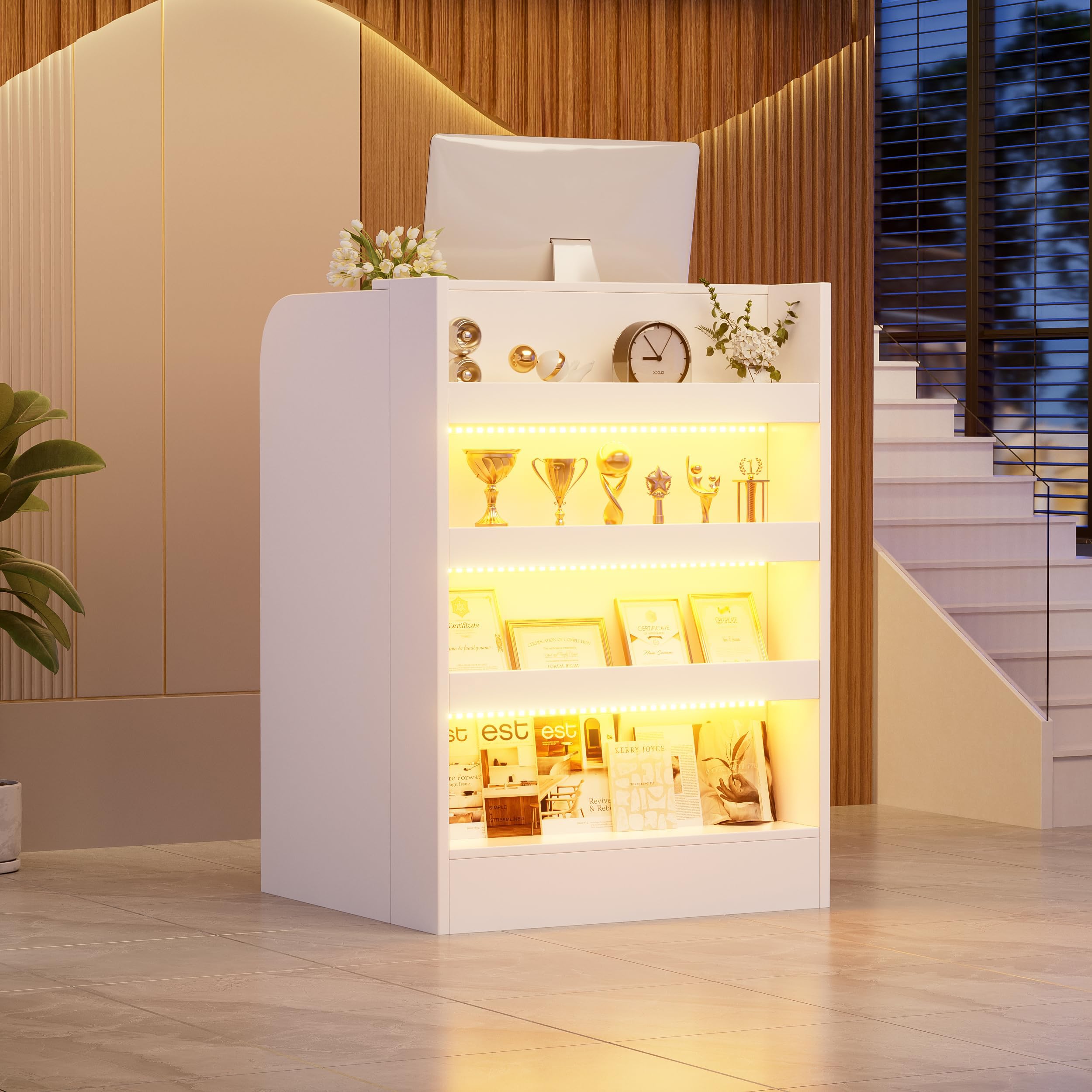 Mostrador de Recepción con Iluminación LED, Cajón con Cerrojo y Estante Exhibidor | Compacto Mostradores para Tiendas Escritorio de Recepción Moderno para Oficina, Tienda o Salón | Blanco | 60x60x95cm