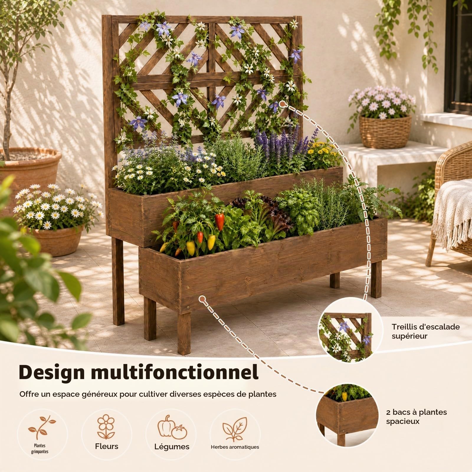 HOMASIS Jardinière avec grille en bois pour l'extérieur, treillis à 2 étagères, plantes grimpantes en sapin, drainage, 109 x 62 x 135