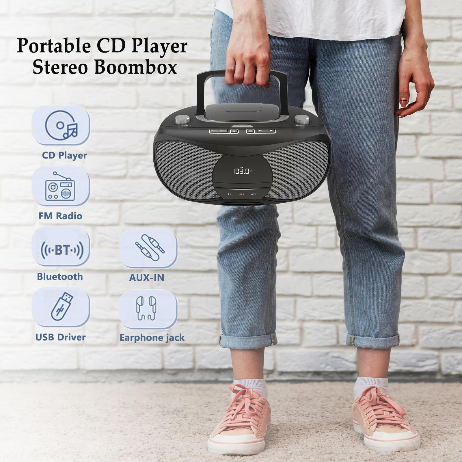 LONPOO Stereo Lettore CD portatile Bluetooth Boombox Connettività Radio FM, USB, AUX, Uscita cuffie, 5W RMS HiFi Altoparlanti (LP-D12)