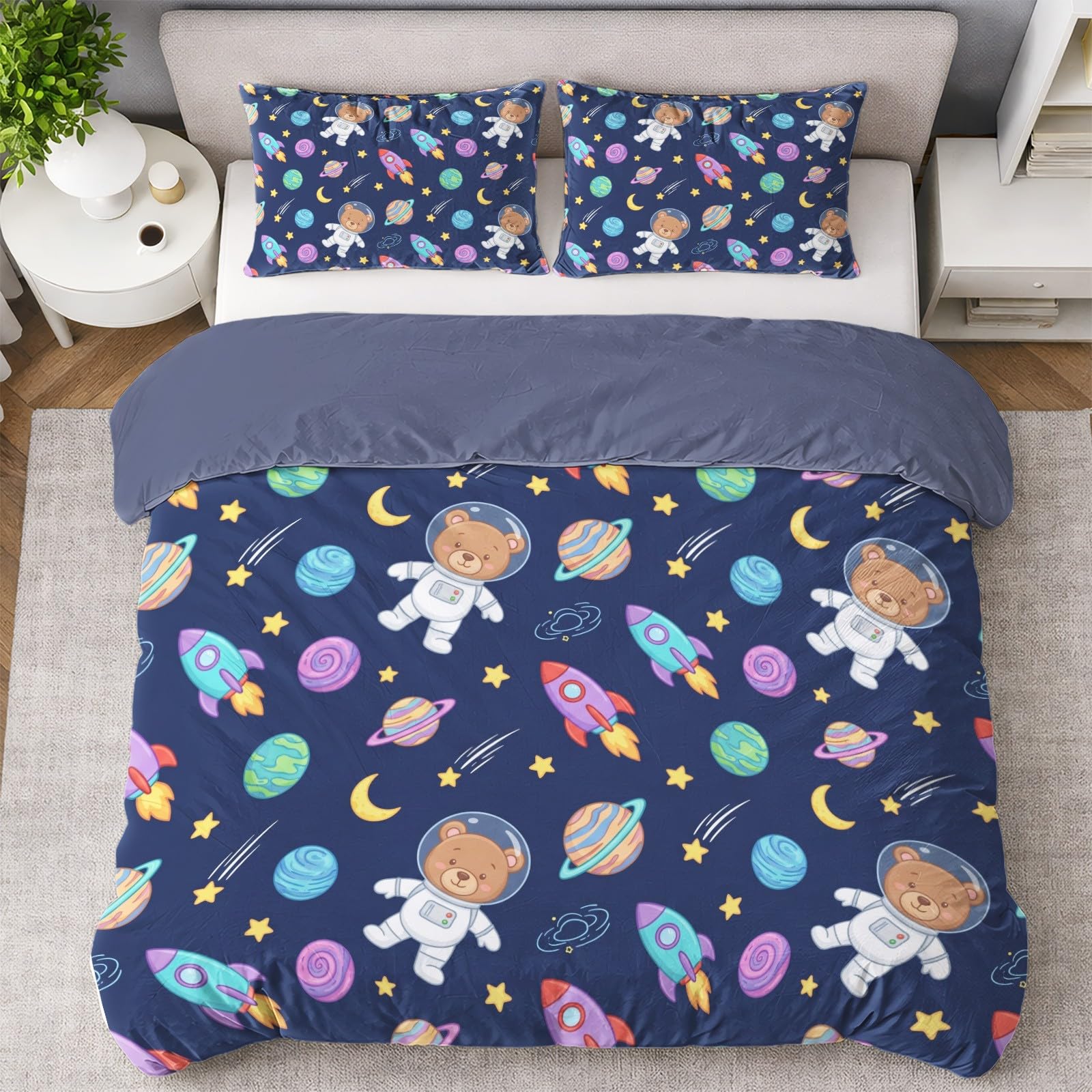 Générique Cartoon Rocket Planet Poszwa na kołdrę 240 x 220 cm, tematyczna przestrzeń ultra miękka mikrofibra, dwustronny zestaw pościeli dla dzieci dorosłych