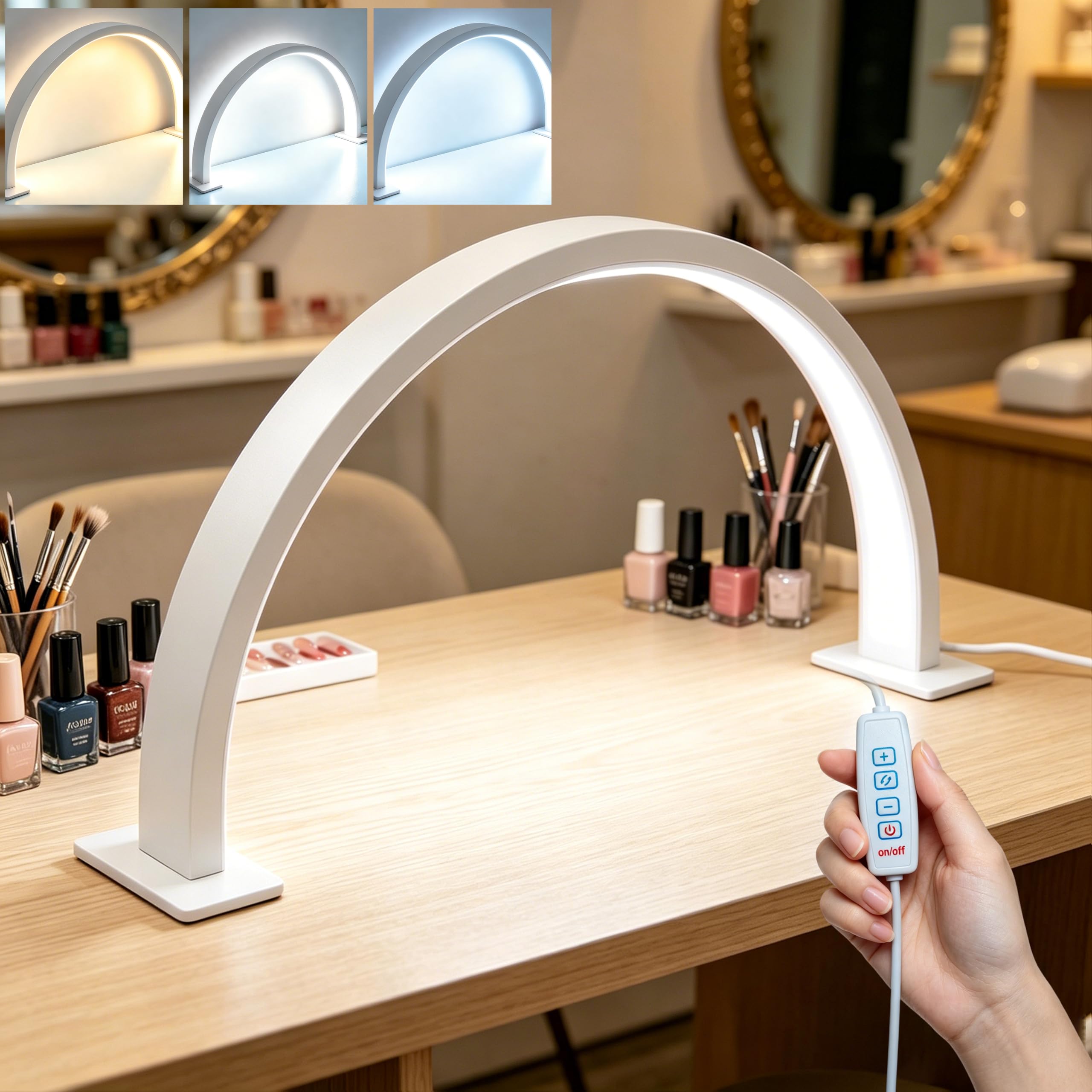 KAFUX Nail Light for Desk, Half Moon Nail Desk Lamp with 3 Colour Modes & Adjustable Brightness, USB Arch LED Light for Nail Techs, Beauty, Eyelash, Makeup, Salon, Tattoo & Crafts (White)