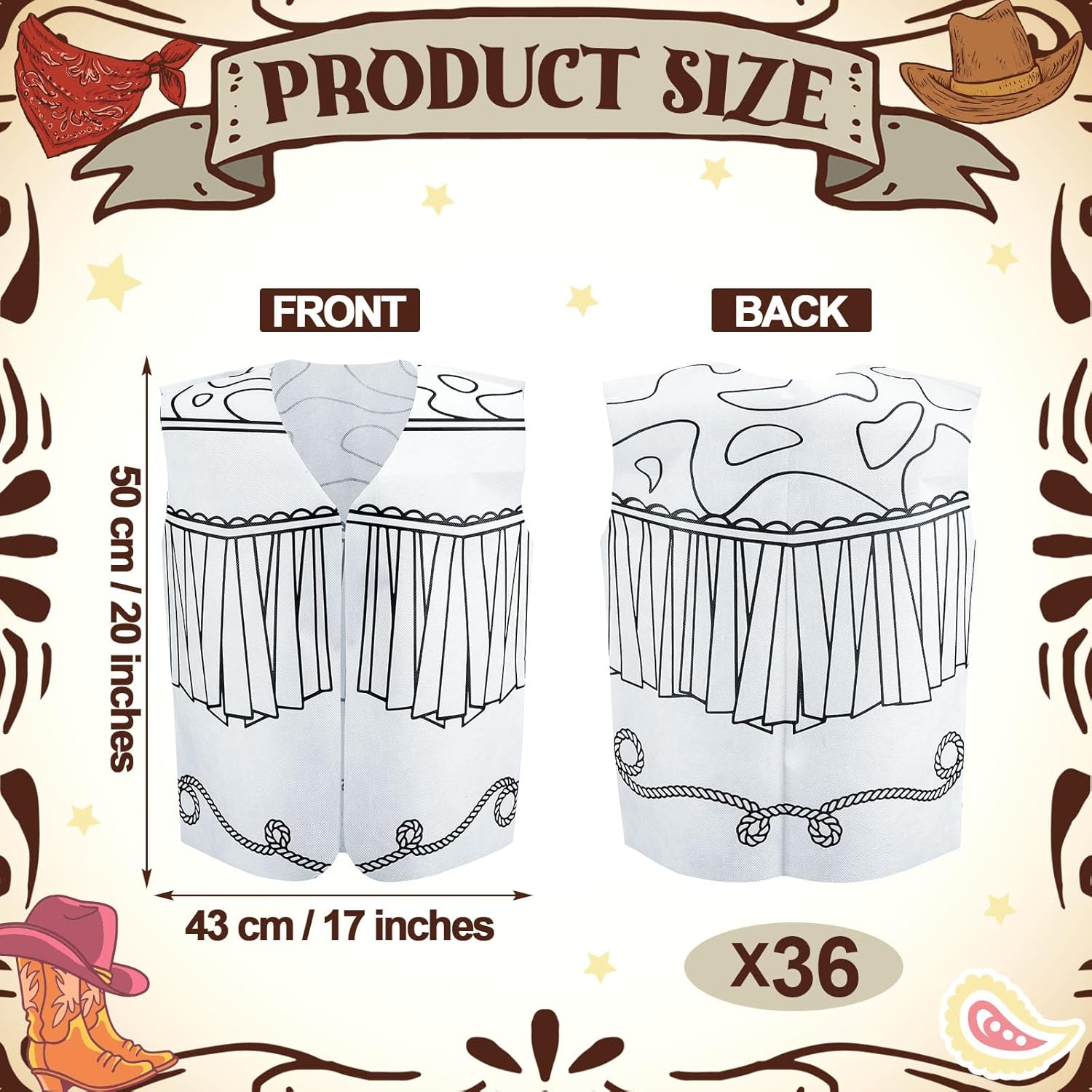 Yearntown 36 Pcs Color Your Own Western Vest Craft Kit - Western Craft for Boy Kids Girl - Ideal for Cowboy Cowgirl Birthday Painting DIY Art Activities Derby Day Horse Party Supplies
