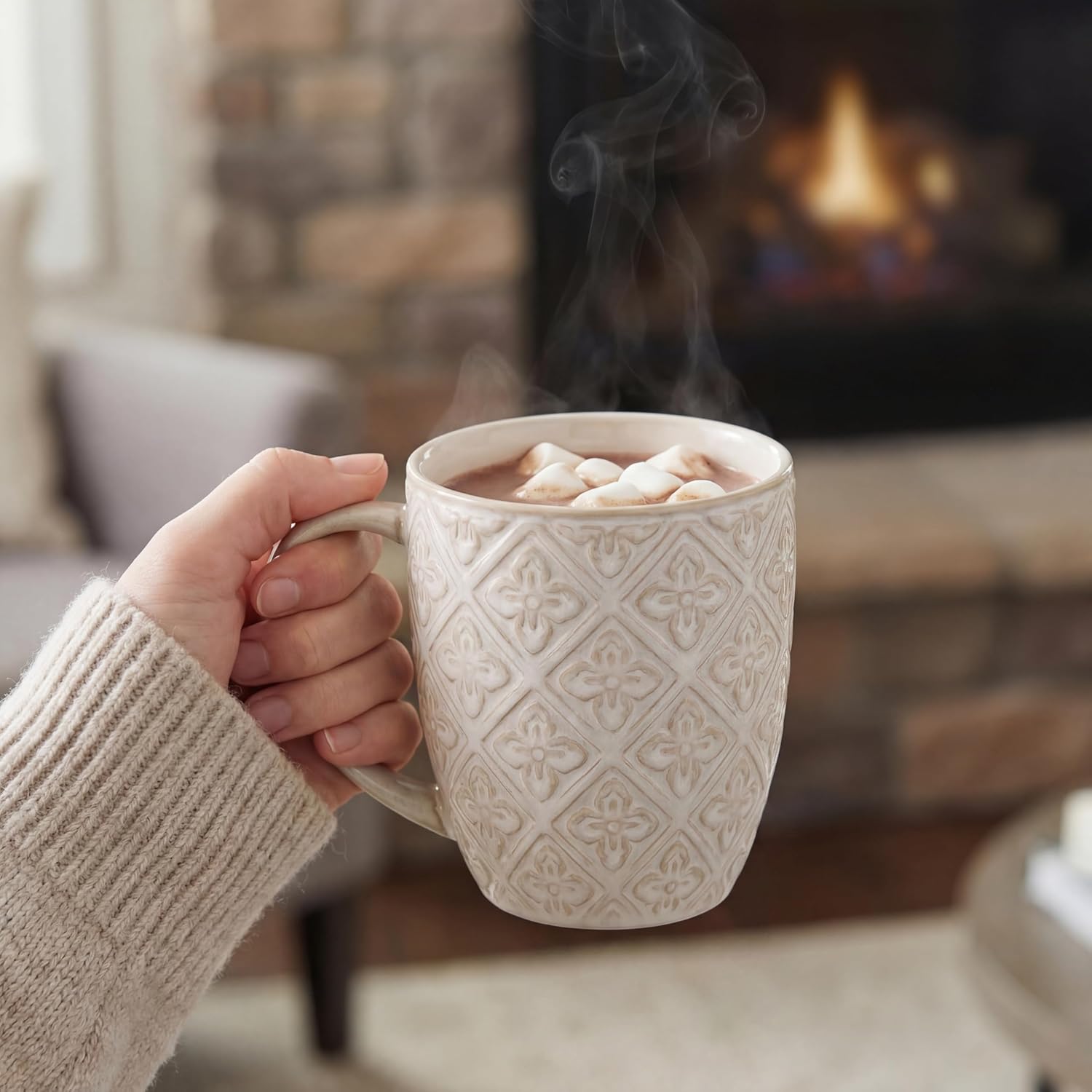 Coffee Mugs 16 Oz, Ceramic Coffee Mugs Set of 4, Large Embossment Cups for Latte, Cocoa, Tea, Mocha, Cappuccino, Dishwasher Safe, Housewarming Wedding Gifts, 3.5 x 4.5 inch, Vintage White