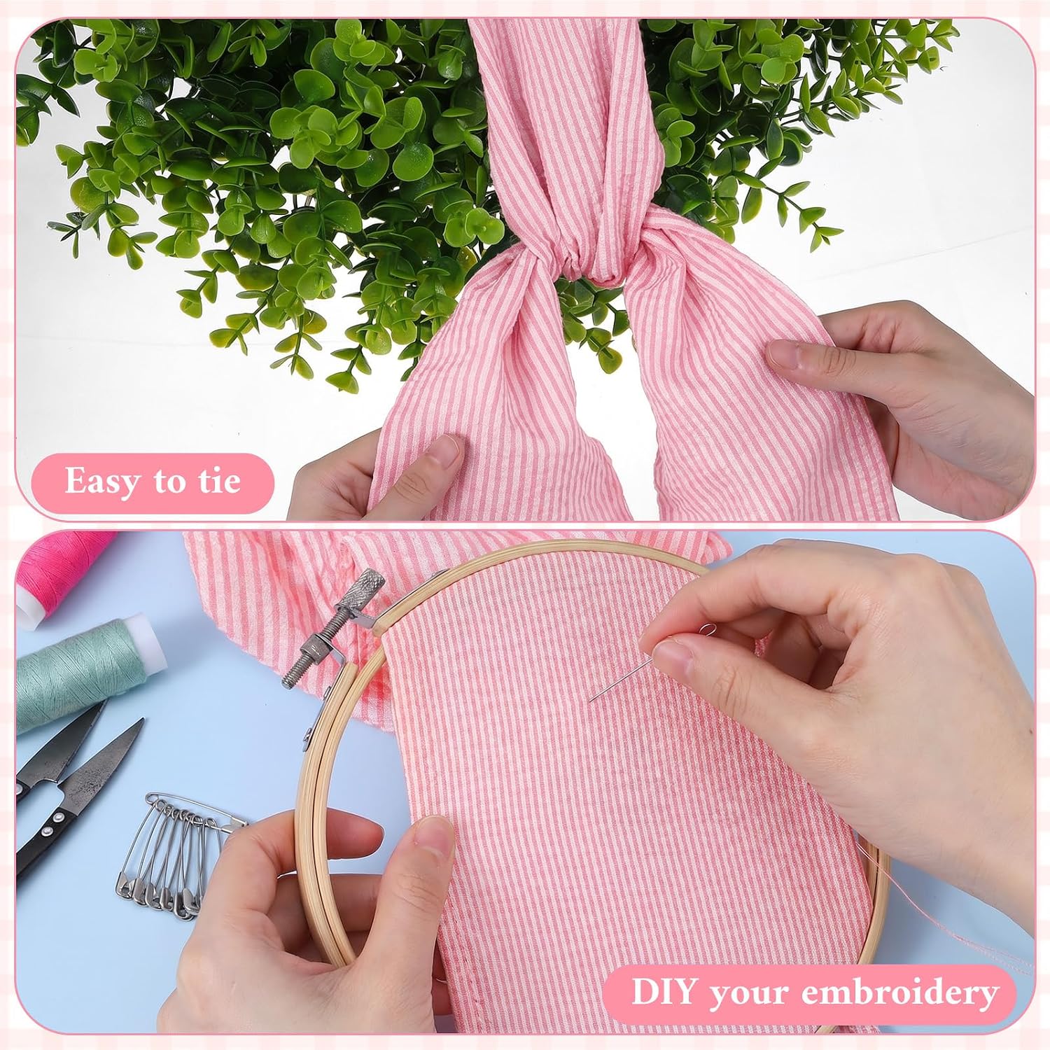 2 Pcs Wreath Sash for Front Door Seersucker Wreath Sashs 5.1'' W x 59'' L Holiday Stripes Wreaths Ribbon for Embroidery Monogram Garland Accessories for Baby Shower Yard Doorway Wall(Pink Striped)