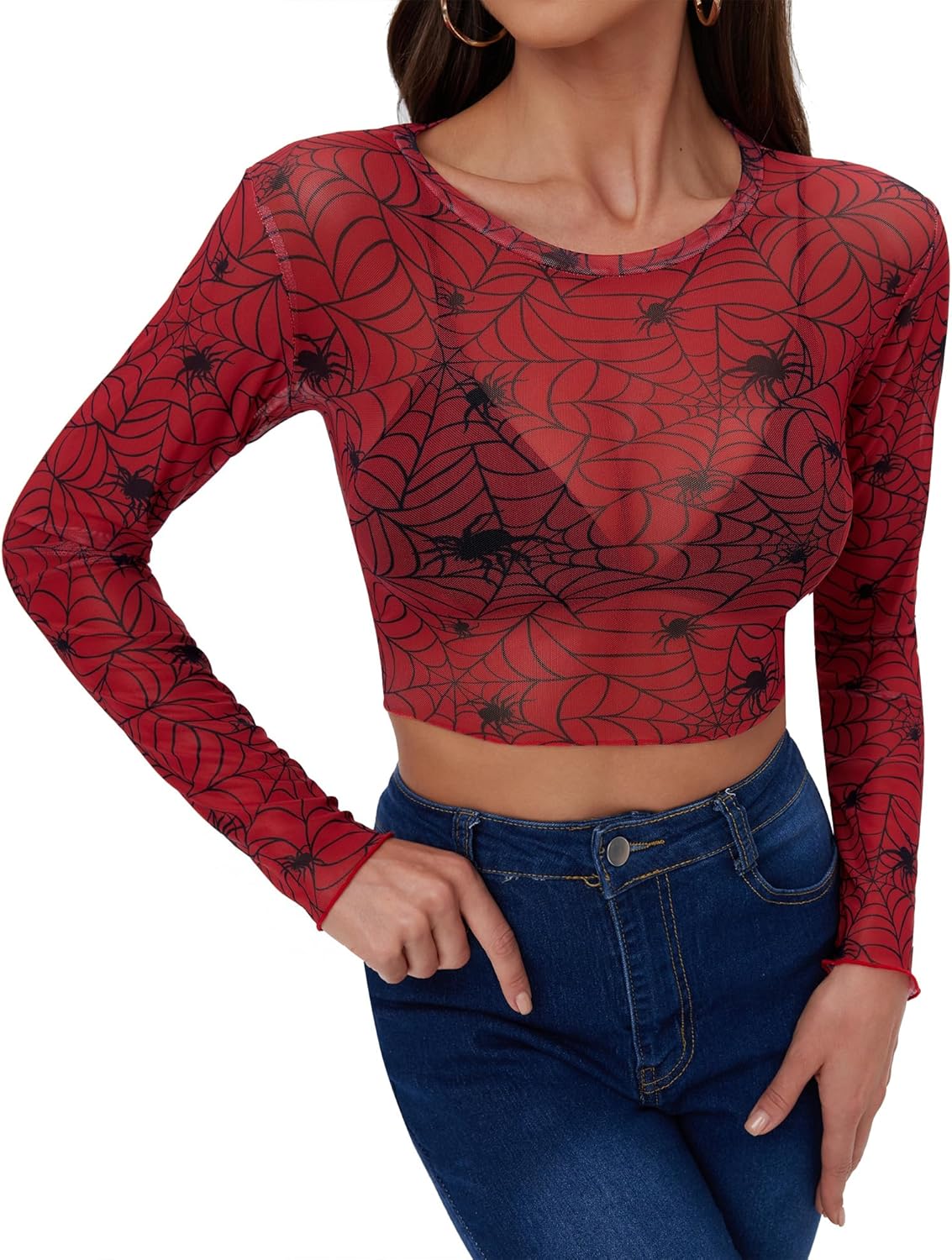 For G and PL Women's Valentine's Long Sleeve Crew Neck See Though Blouse Sheer Mesh Heart Print Crop Tops