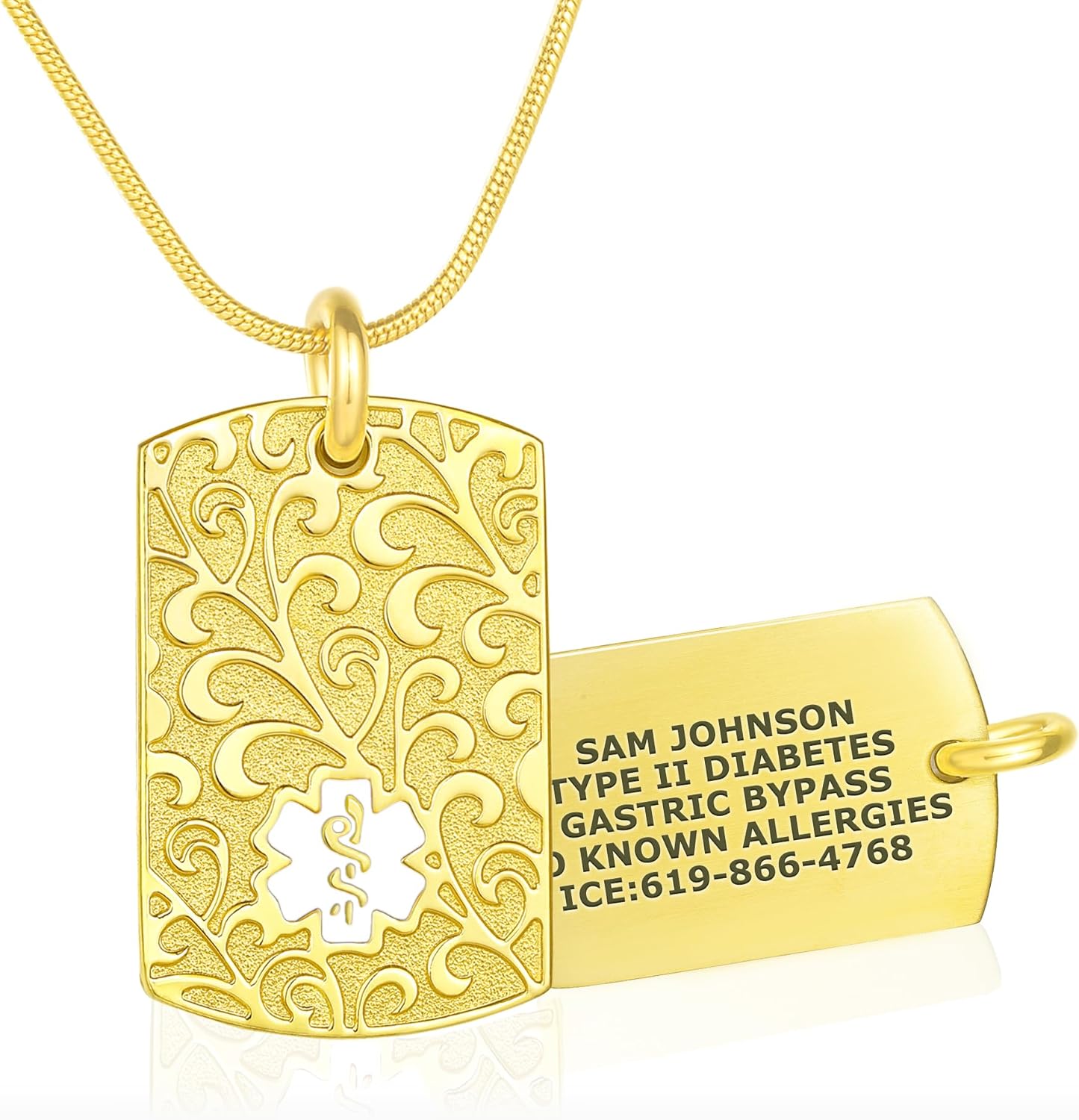 Divoti Custom Engraved Medical Alert Necklace for Women | Filigree Medical ID Necklace with Red Caduceus | 4-Line Personalized Emergency ID | Snake Chain with Lobster Claw Clasps