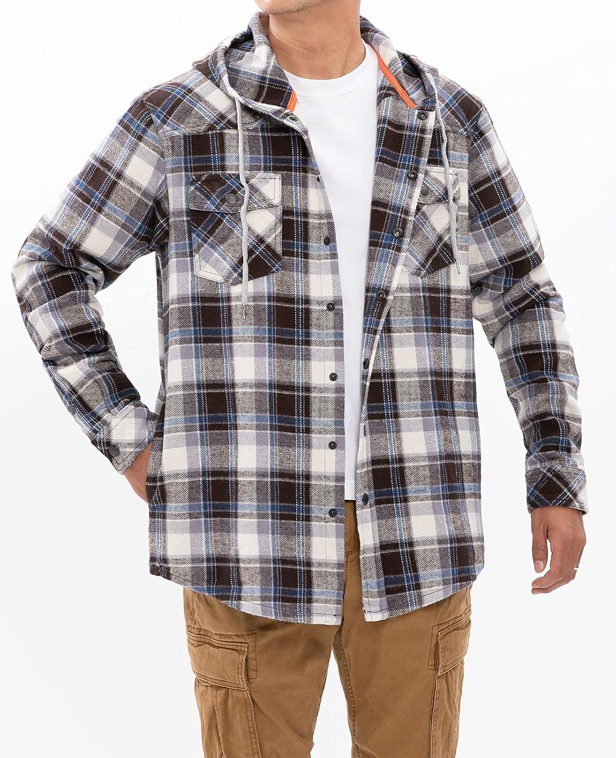 Men's Hooded Plaid Flannel Shirt Jacket Snap Button Flannel Hoodie with Hand Pockets (Heavyweight 10.6 Oz Fabric) - Image 4