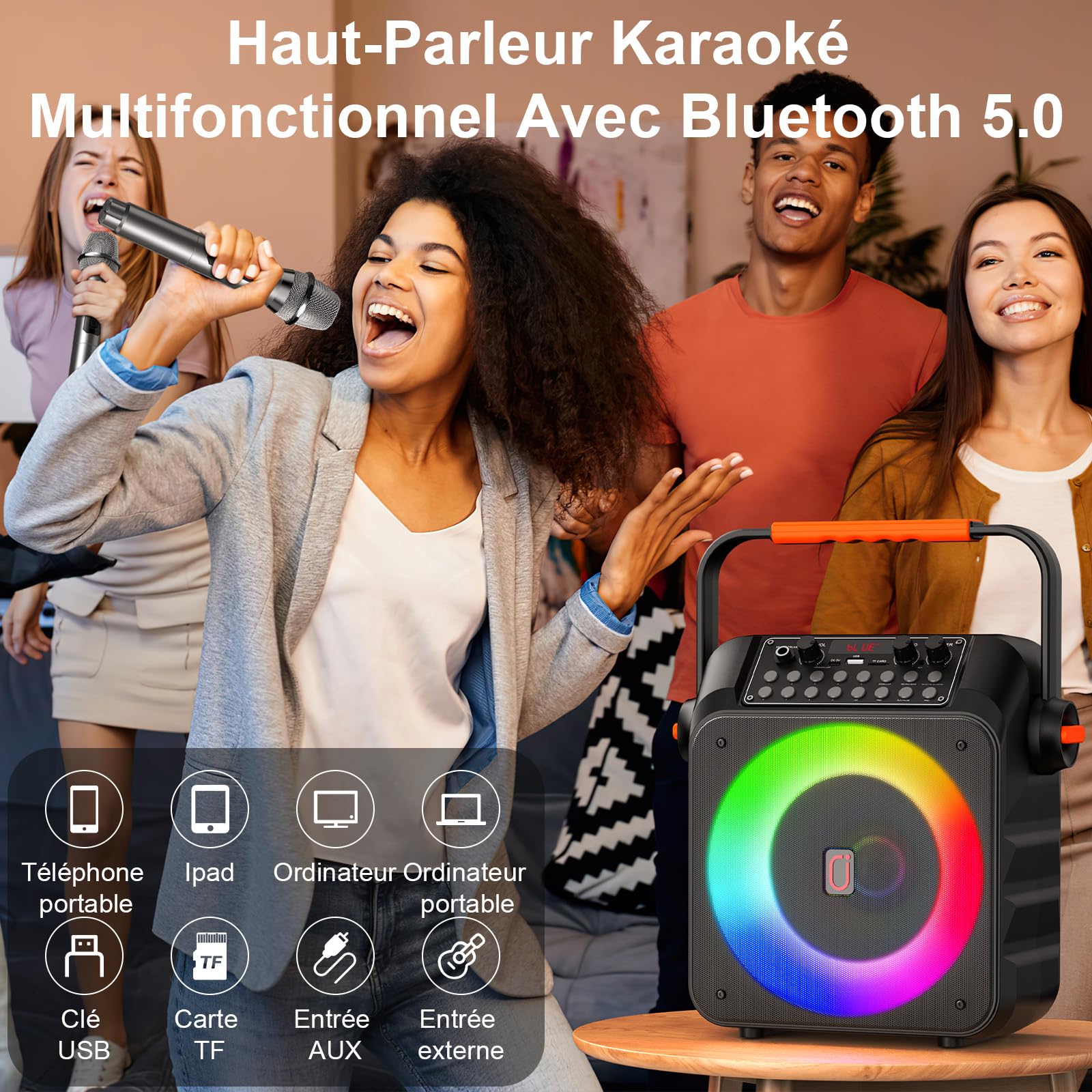 HWWR Karaoke Adulte avec 2 Microphones, Karaoké Professionnel Portable Bluetooth 5.3 avec LED, 80W Puissance Enceinte Micro, Haut-Parleur Amplifié Portable Système Karaoké Soutien REC/USB/TF/AUX