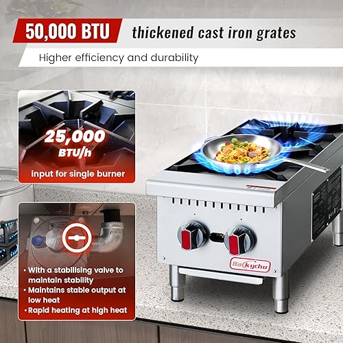 Miniatura 4 de Estufa de gas comercial de 2 quemadores  Cocina de encimera de 50,000 BTU, equipo de cocina de acero inoxidable para restaurantes, cocinas,