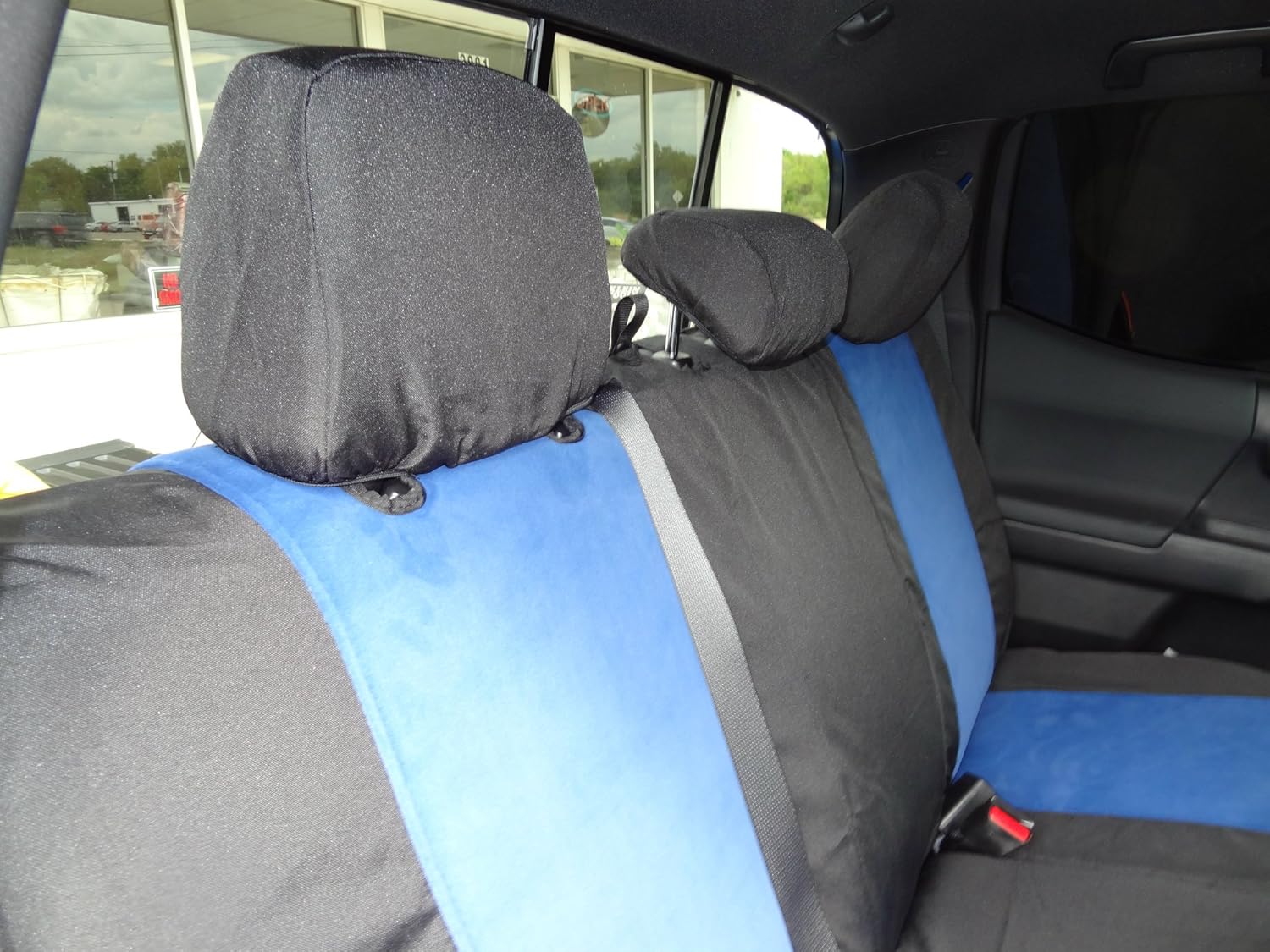 Durafit Seat Covers, Made to fit 2015-2023 Tacoma Double Cab Front/Back Exact Seat Covers Black Endura with Blue Velour Inserts.