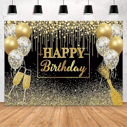 MEHOFOND Telón de fondo de feliz cumpleaños, globo de diamante con purpurina negra y dorada, fondo de fotografía, color negro y dorado brillante,