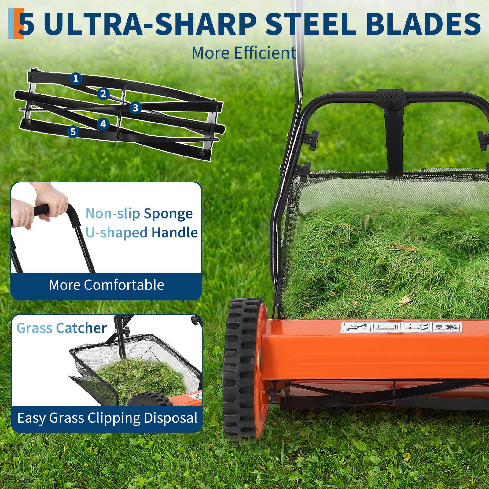 Garvee Cortacésped Manual de Acero al Carbono con Ancho de Corte de 35 cm, Altura Ajustable y Recogedor, Segadora Helicoidal Silenciosa para Jardines Pequeños y Medianos, Naranja, Durabilidad Superior