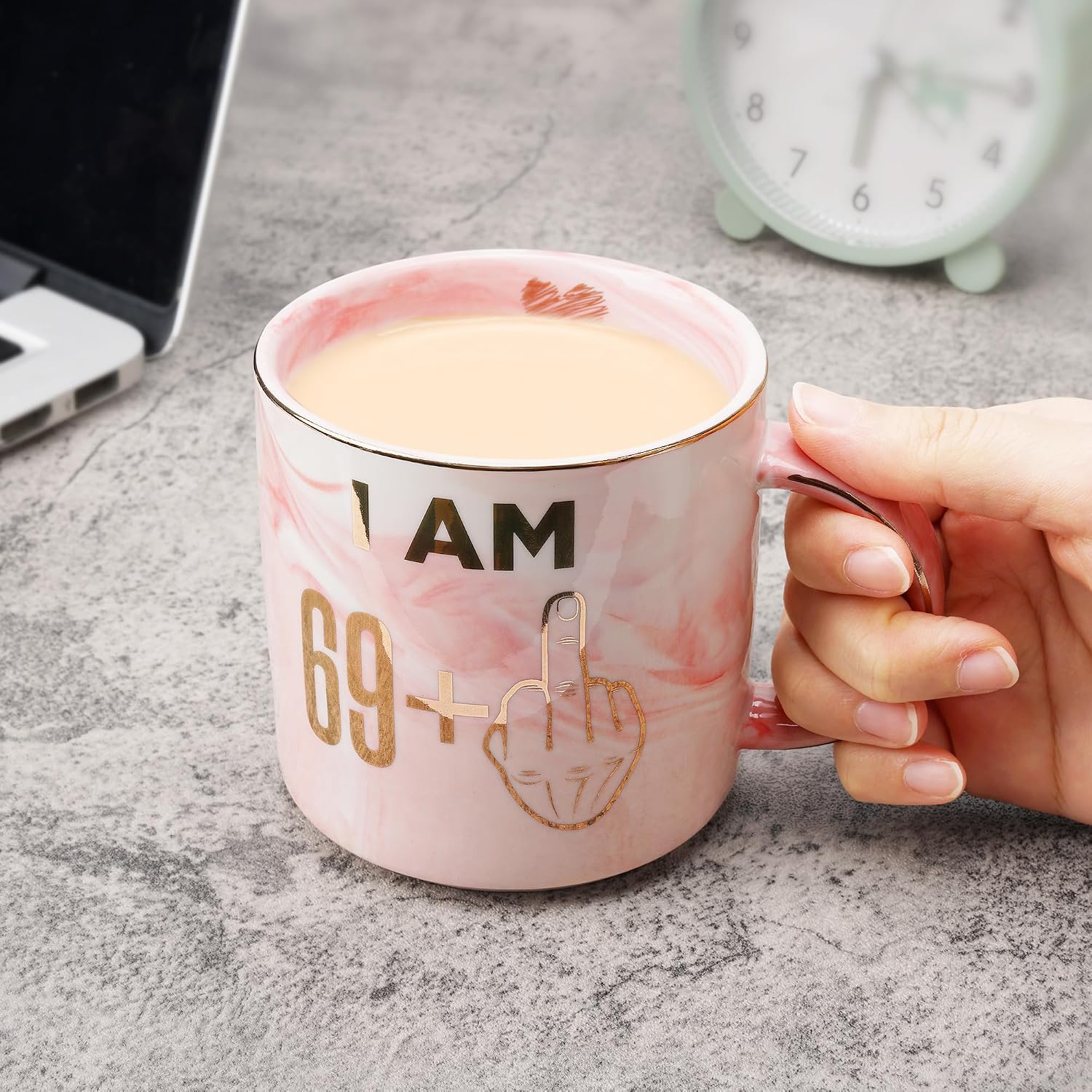 70th Birthday Gifts for Women - Funny Gag Turning 70 Plus Years Old Birthday Gift Ideas for Wife, Mom, Sister, Grandma, Best Friends, Retired Coworkers - Pink Marble Mug, Ceramic 11.5oz Coffee Cup image 4