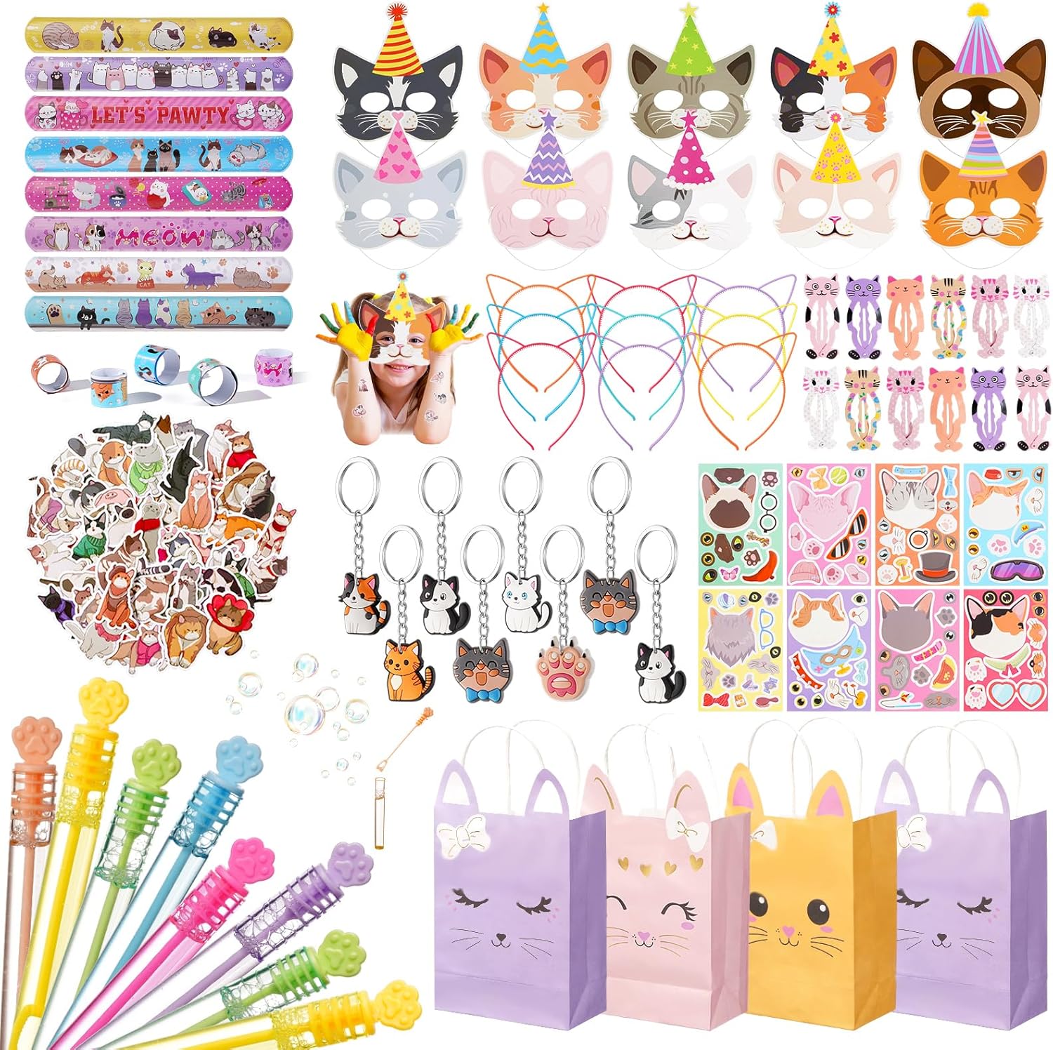 Vanblue 146Pcs Cat Party Favors Themed Birthday Party Decorations for Kids, Cat Party Supplies Goodie Bag Stuffers Fillers,Pet Headband Gifts Bags