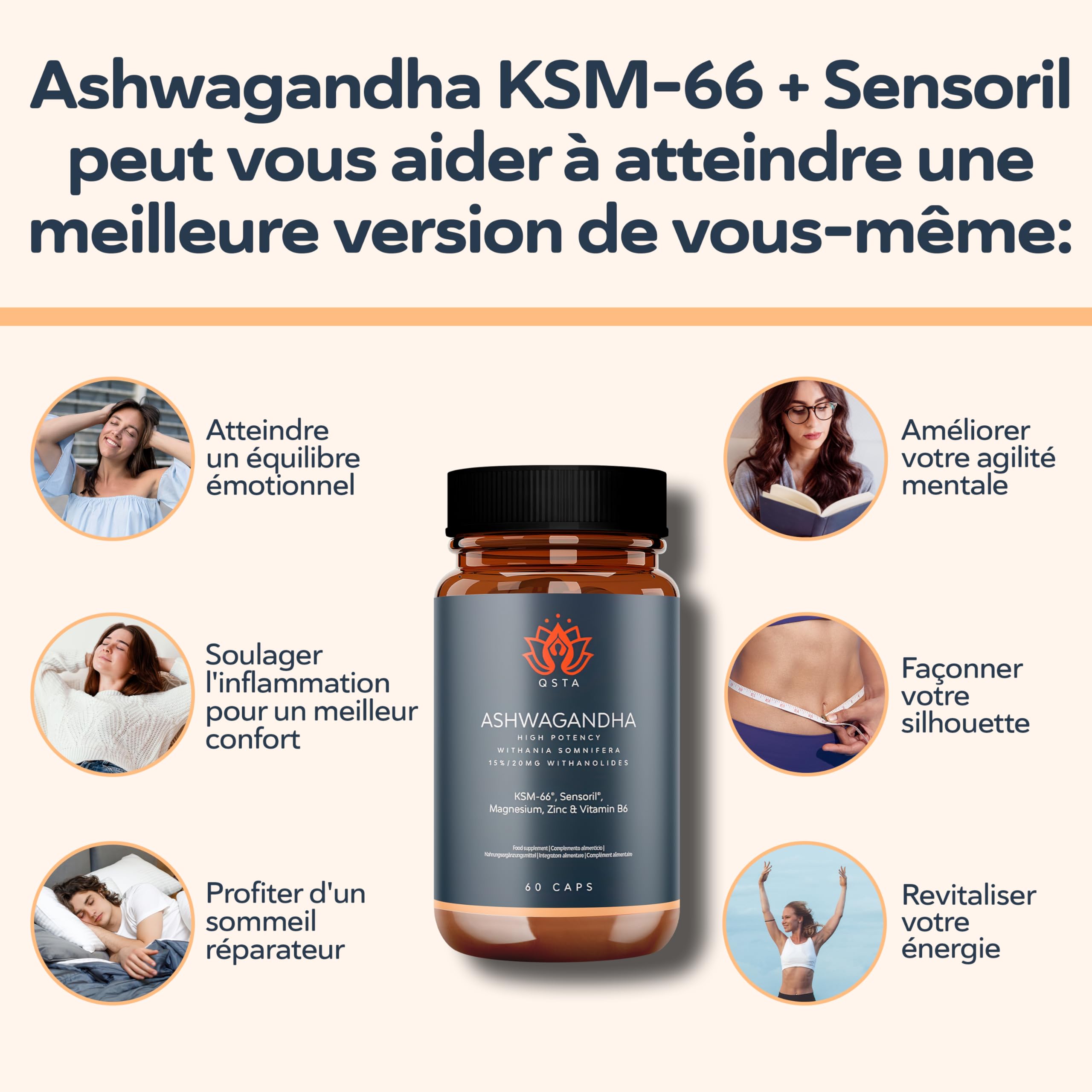 Ashwagandha KSM-66 + Sensoril (15-20% Withanolides) Adaptogène et Nootropique pour un Sommeil Profond, le Bien-être, l'Énergie, Cortisol | 2 mois