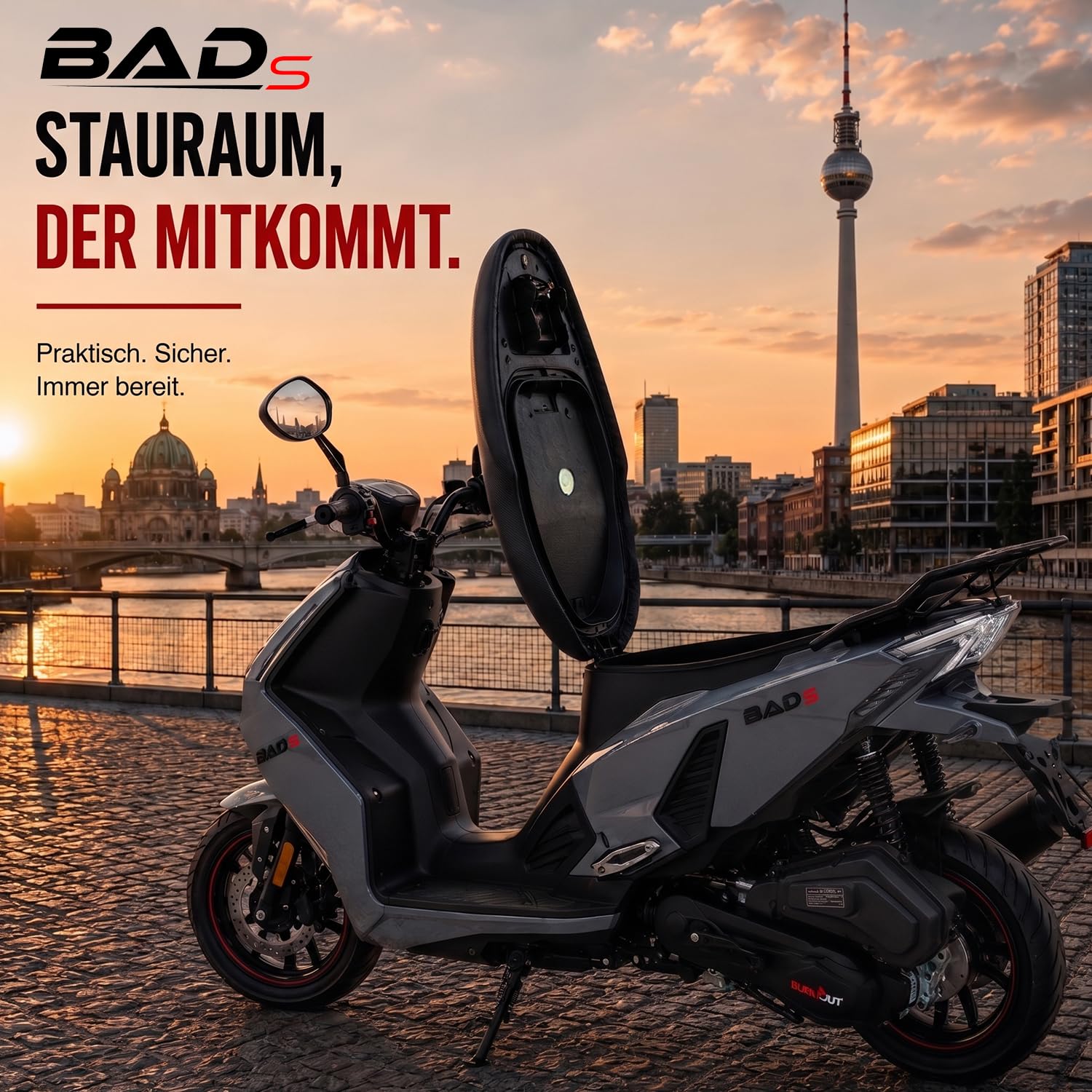 Burnout Motorroller 50 ccm BAD S, Grau, 45 km/h, Euro 5, EFI Einspritzung, Voll-LED, Keyless Go, Alarmanlage, USB-Ladedose, hydraulische Scheibenbremsen v/h