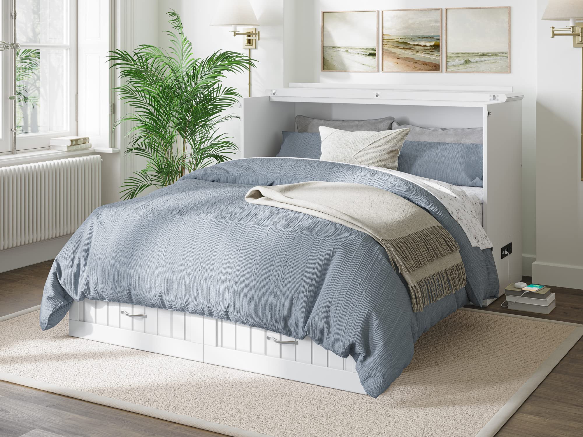 AFI Southampton Full Murphy Bed Chest with Mattress, Storage, and Built-in Charger in White