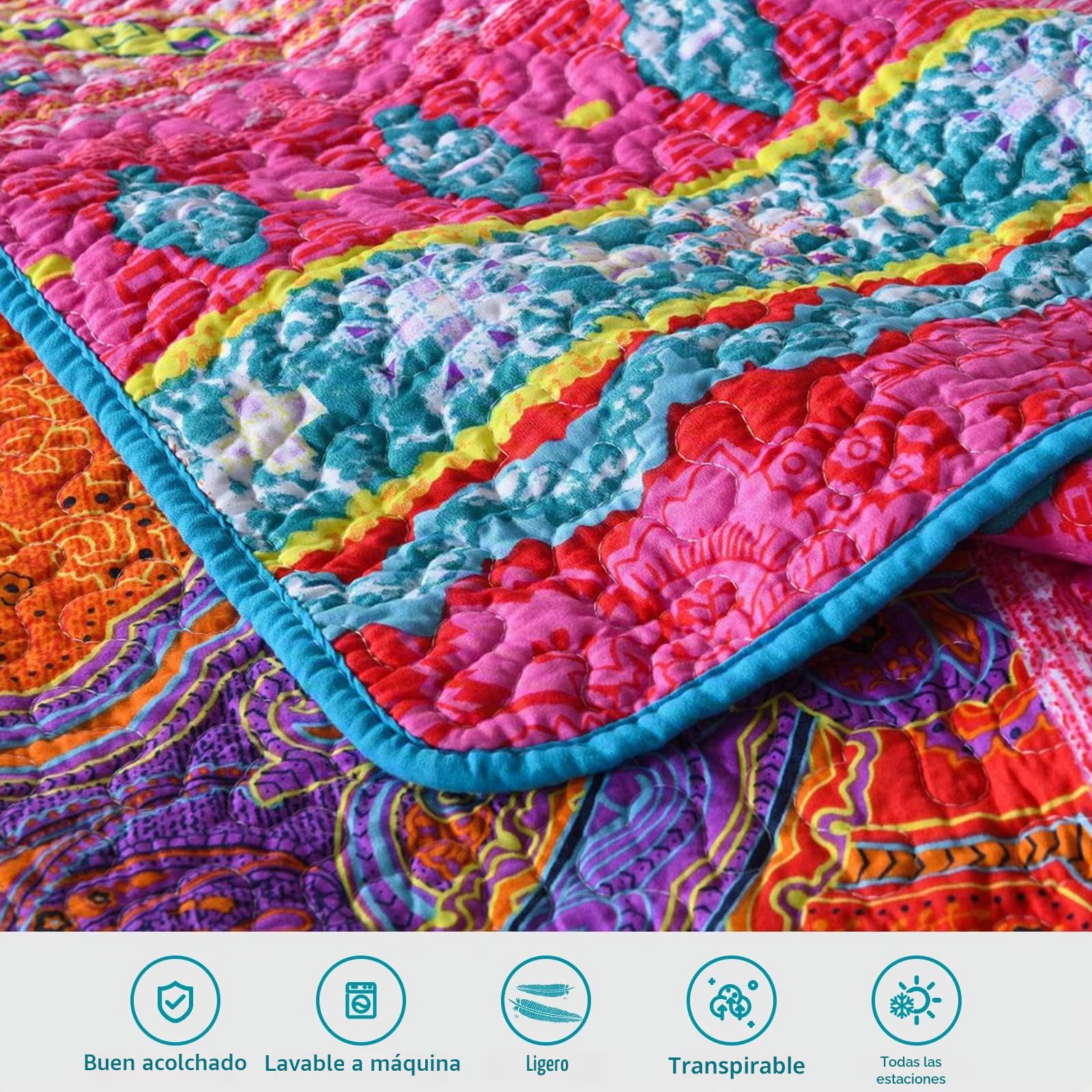Qucover Colcha Boutí 220x240 cm, Ligera Microfibra Colchas Cama, 3 Piezas Ultrasónica Colcha Boho con 2 Fundas de Almohada de 50x70 cm para Dormitorio, como Funda de Sofá